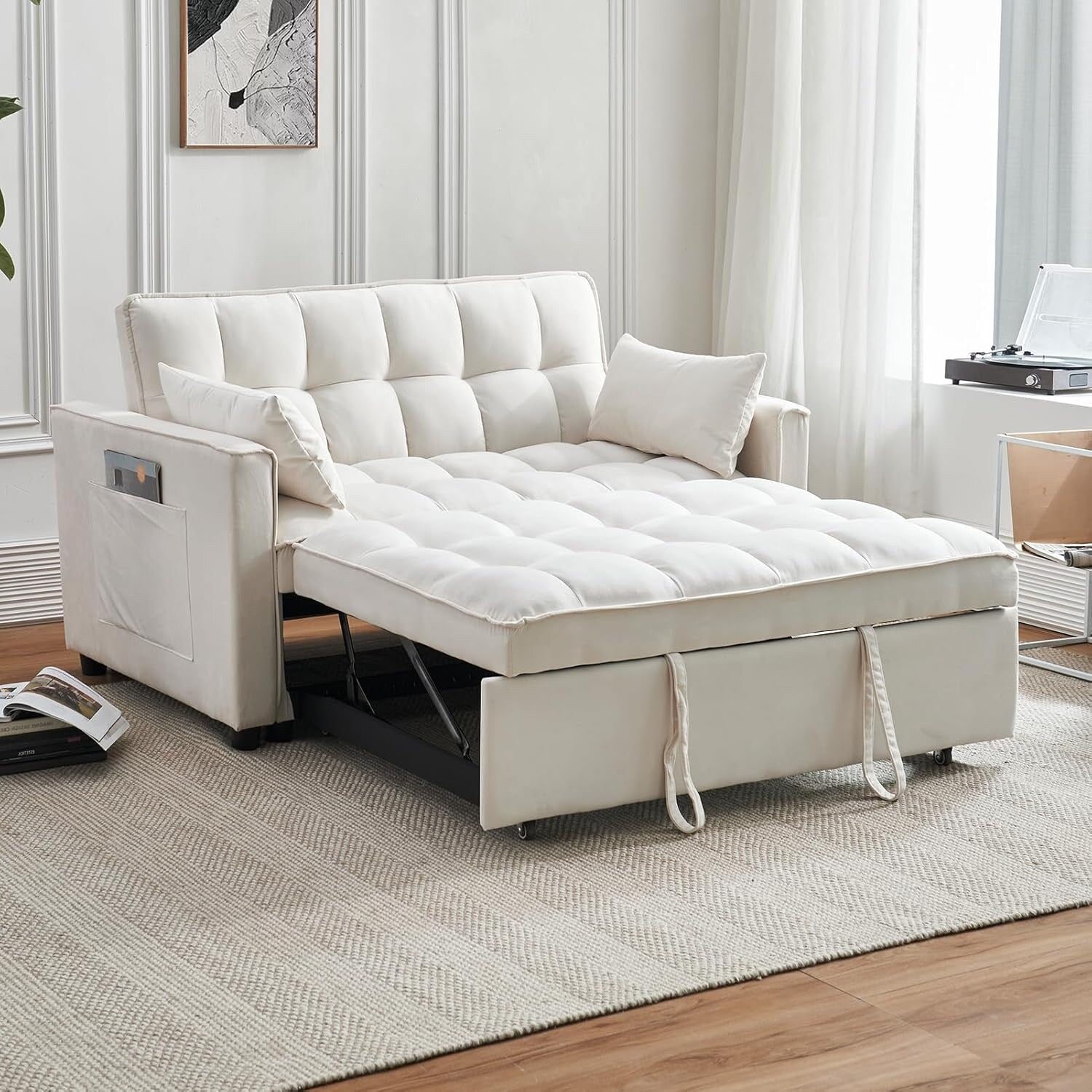 Canapé-lit 3-en-1 en velours - Couchage extensible avec dossier, accoudoirs et poches de rangement réglables pour le salon