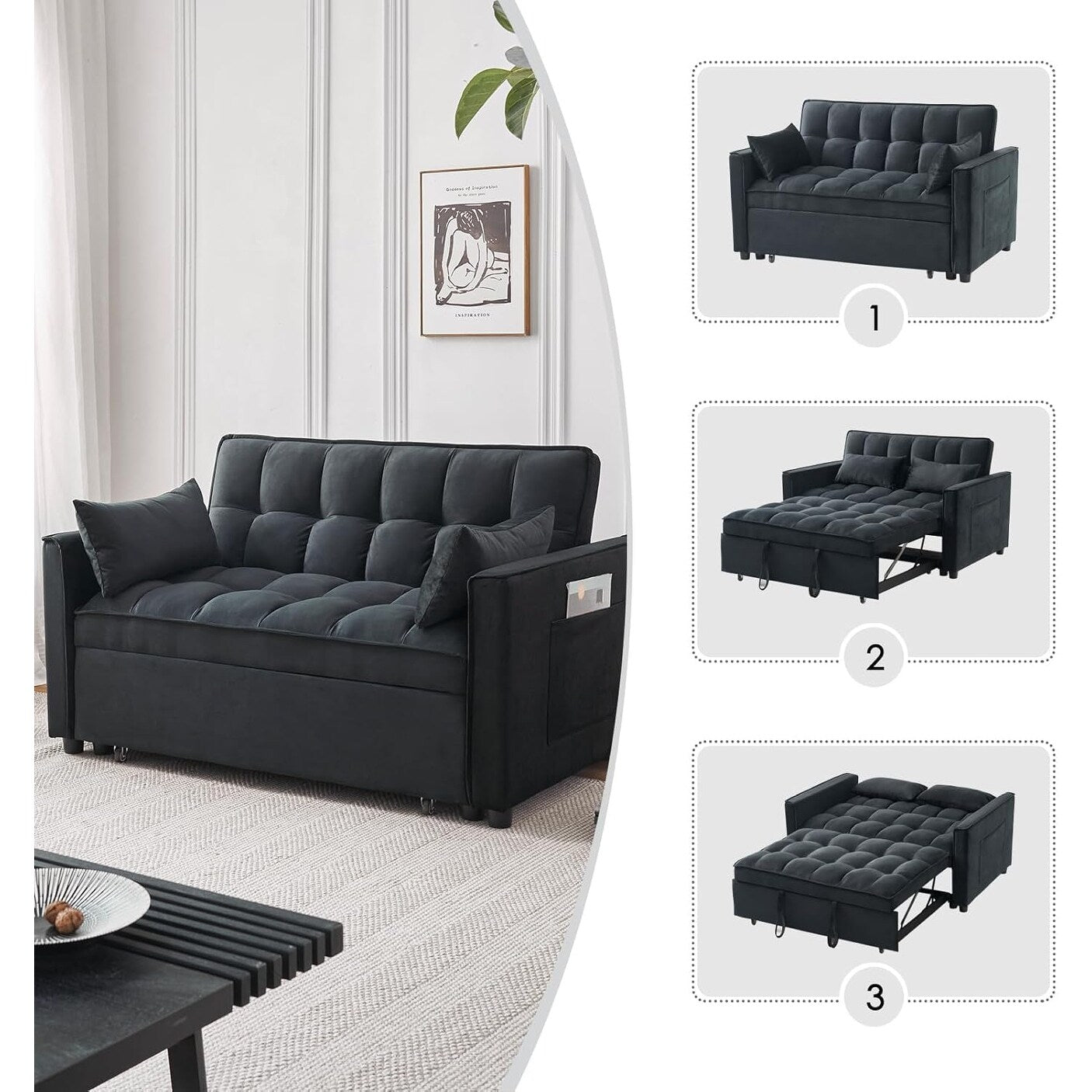 Canapé-lit 3-en-1 en velours - Couchage extensible avec dossier, accoudoirs et poches de rangement réglables pour le salon