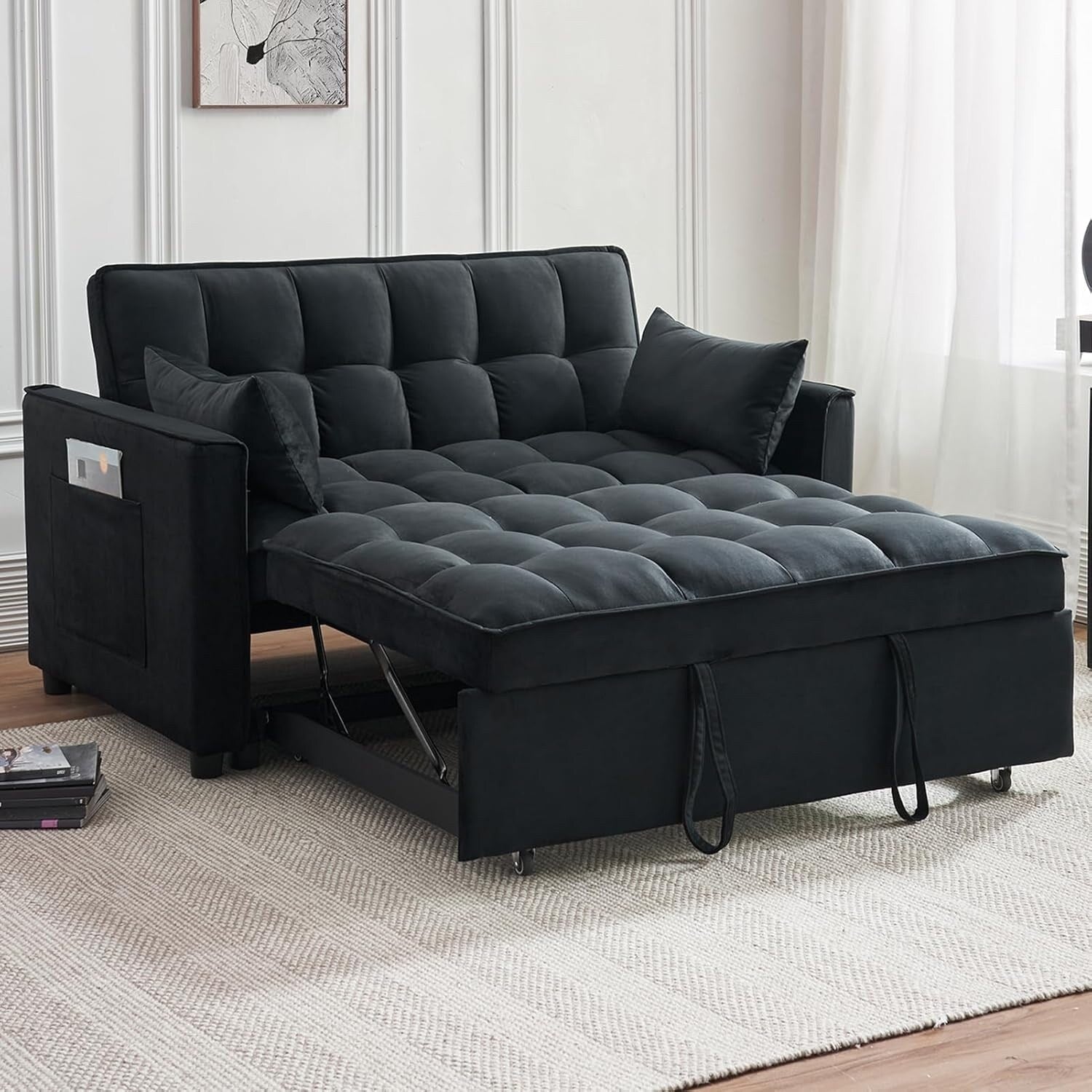 Canapé-lit 3-en-1 en velours - Couchage extensible avec dossier, accoudoirs et poches de rangement réglables pour le salon