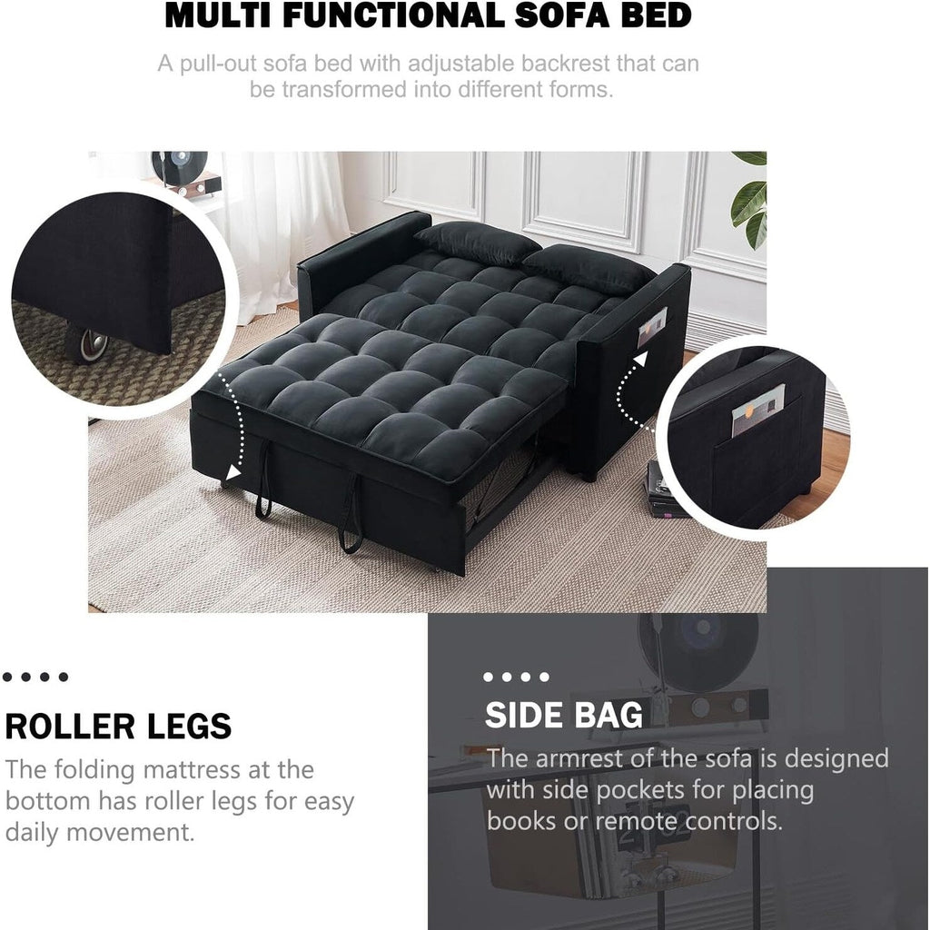 Canapé-lit 3-en-1 en velours - Couchage extensible avec dossier, accoudoirs et poches de rangement réglables pour le salon
