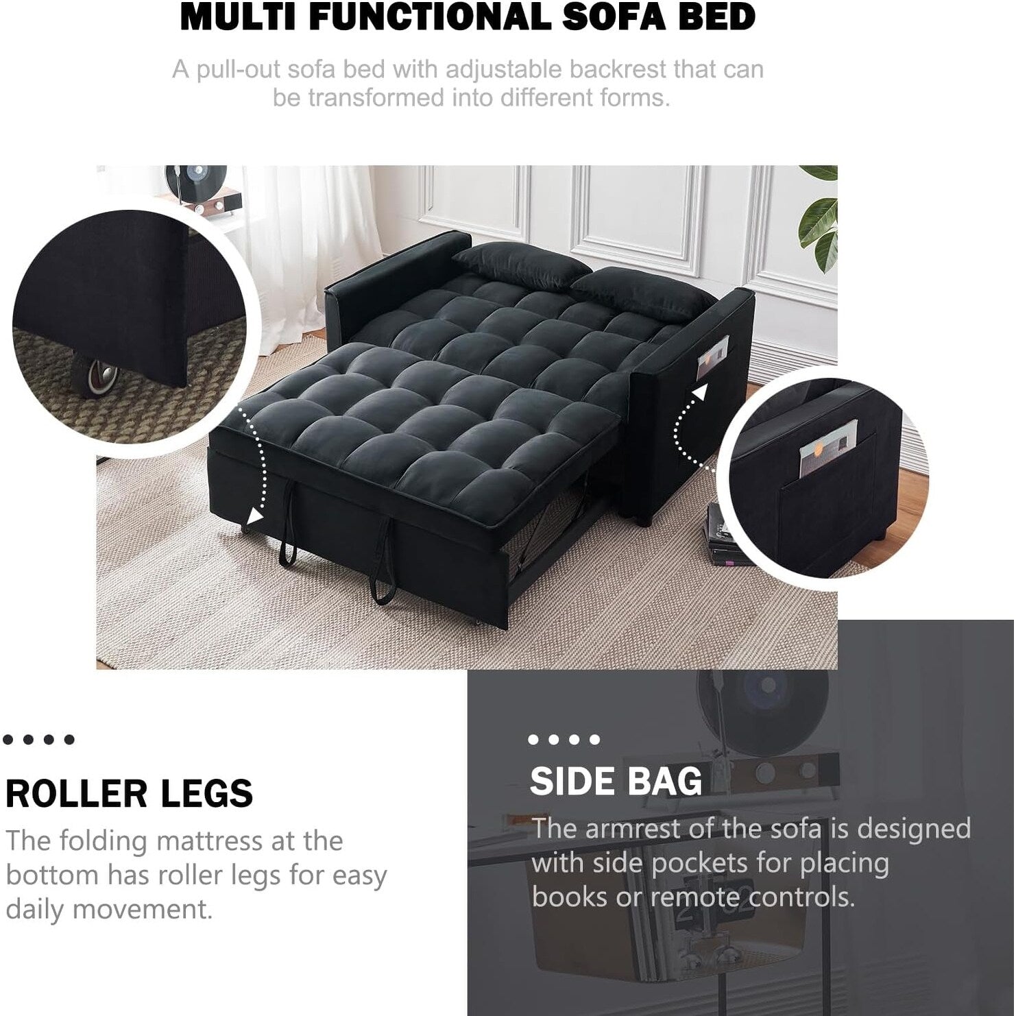 Canapé-lit 3-en-1 en velours - Couchage extensible avec dossier, accoudoirs et poches de rangement réglables pour le salon