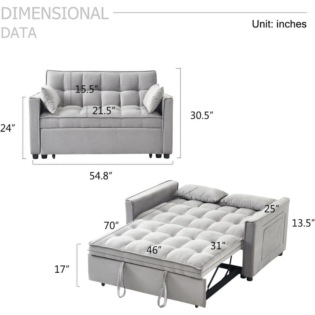 Canapé-lit 3-en-1 en velours - Couchage extensible avec dossier, accoudoirs et poches de rangement réglables pour le salon