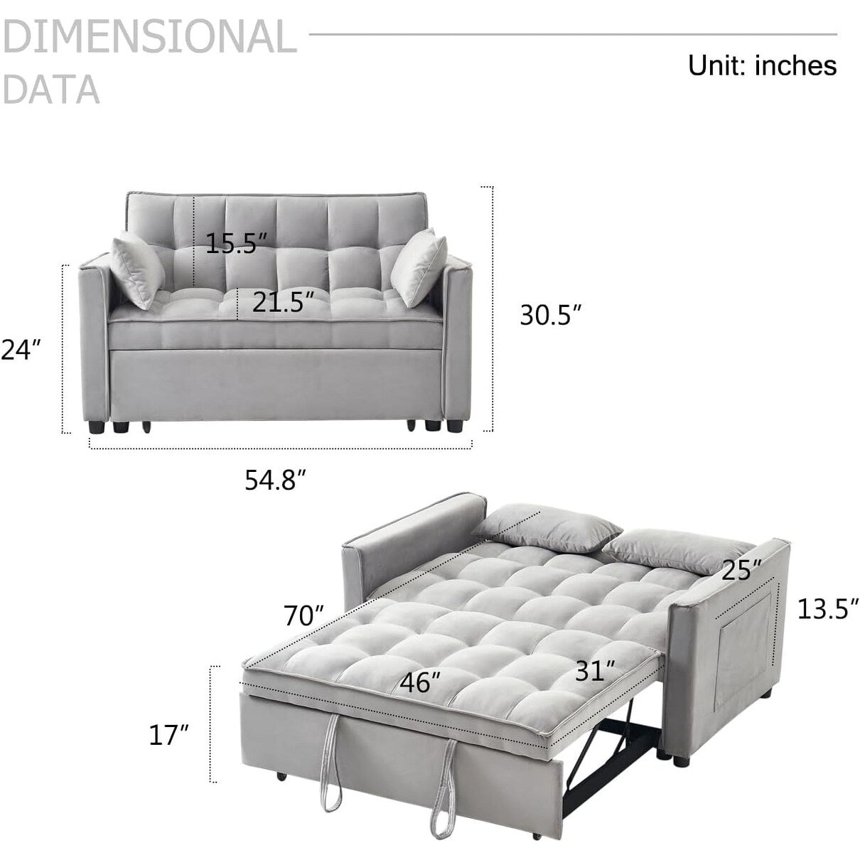Canapé-lit 3-en-1 en velours - Couchage extensible avec dossier, accoudoirs et poches de rangement réglables pour le salon
