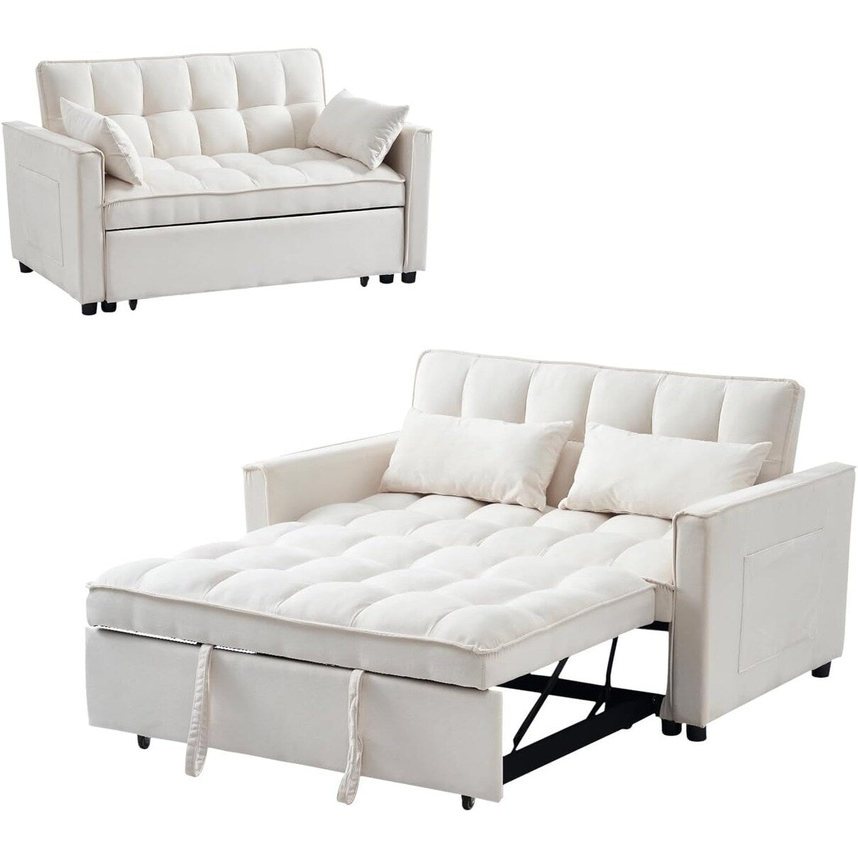 Canapé-lit 3-en-1 en velours - Couchage extensible avec dossier, accoudoirs et poches de rangement réglables pour le salon