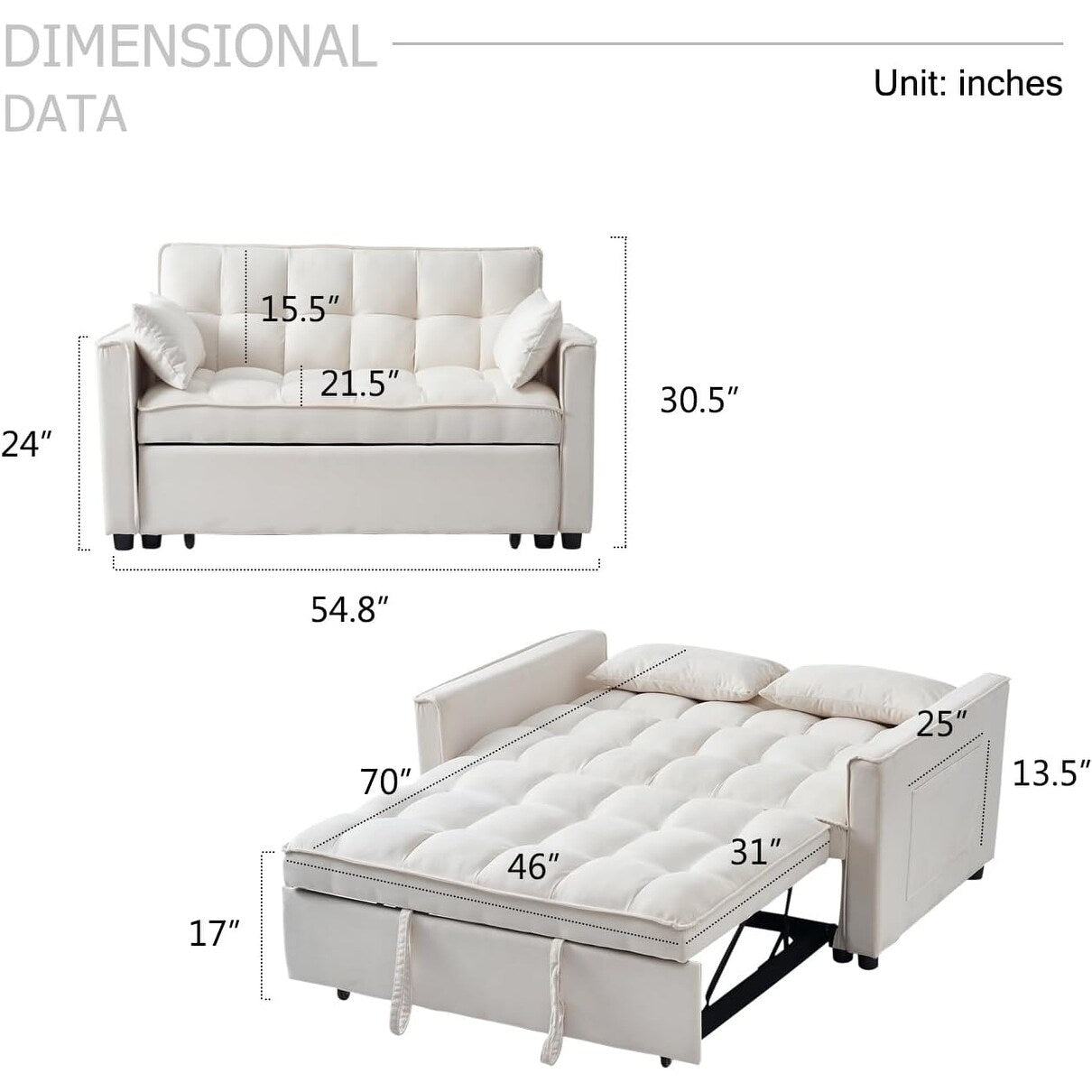 Canapé-lit 3-en-1 en velours - Couchage extensible avec dossier, accoudoirs et poches de rangement réglables pour le salon