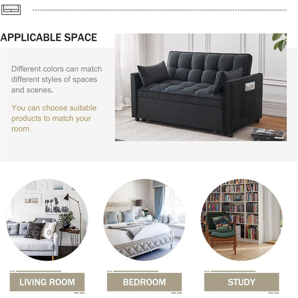 Canapé-lit 3-en-1 en velours - Couchage extensible avec dossier, accoudoirs et poches de rangement réglables pour le salon