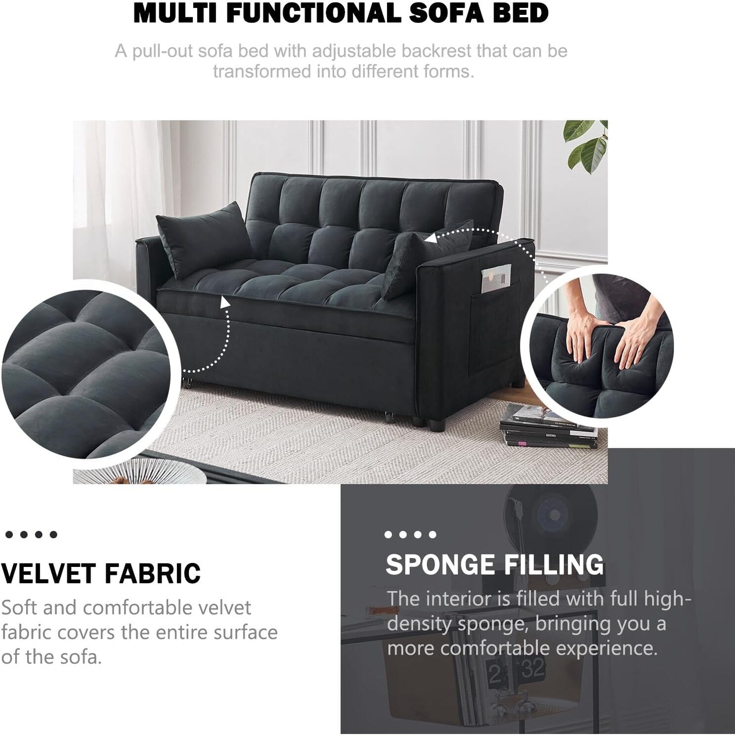 Canapé-lit 3-en-1 en velours - Couchage extensible avec dossier, accoudoirs et poches de rangement réglables pour le salon