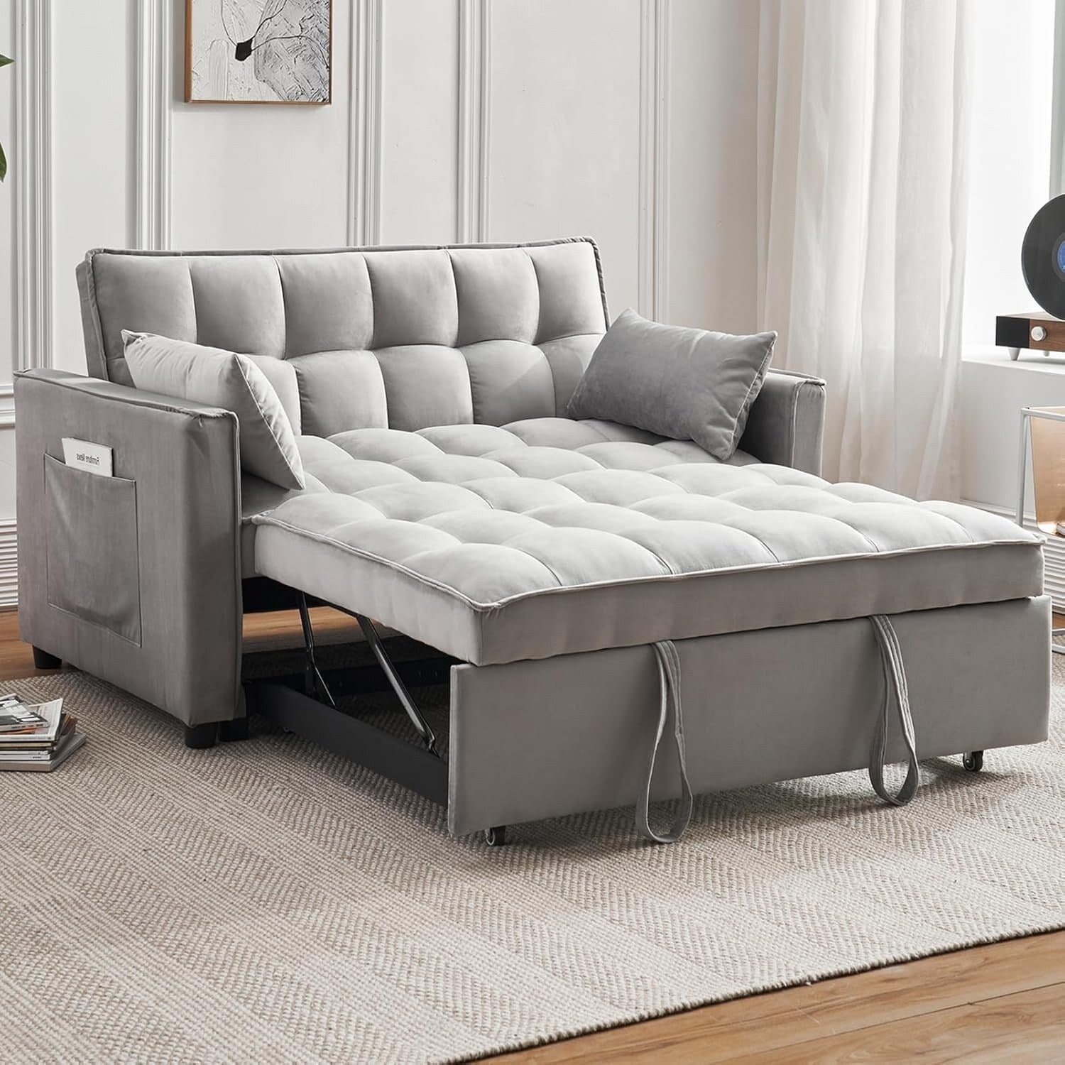 Canapé-lit 3-en-1 en velours - Couchage extensible avec dossier, accoudoirs et poches de rangement réglables pour le salon