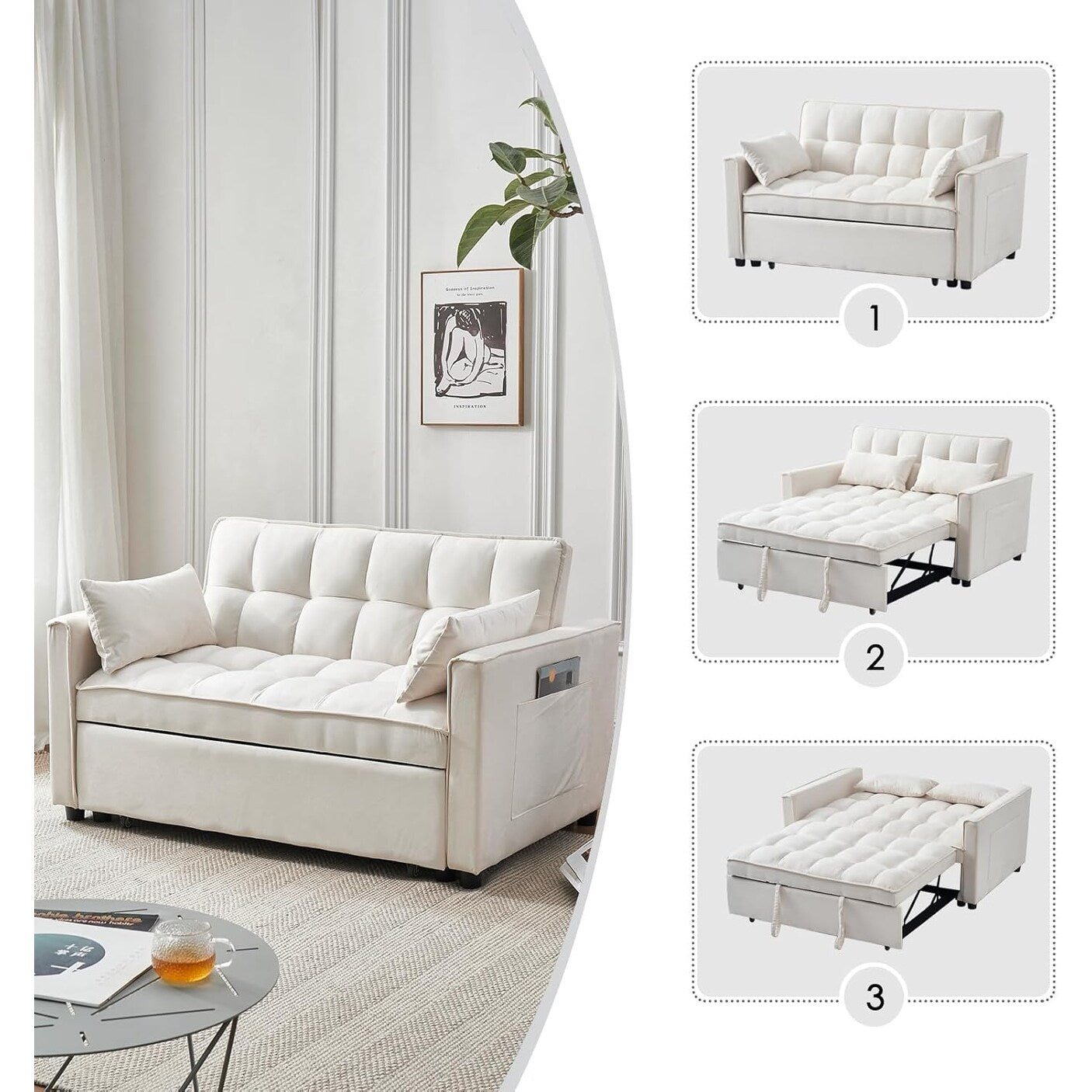 Canapé-lit 3-en-1 en velours - Couchage extensible avec dossier, accoudoirs et poches de rangement réglables pour le salon