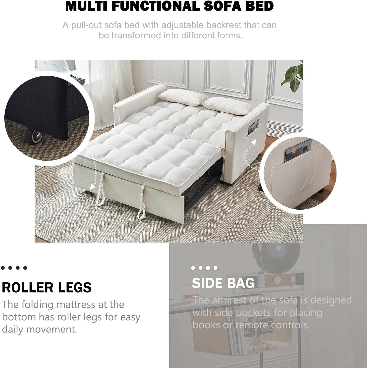 Canapé-lit 3-en-1 en velours - Couchage extensible avec dossier, accoudoirs et poches de rangement réglables pour le salon