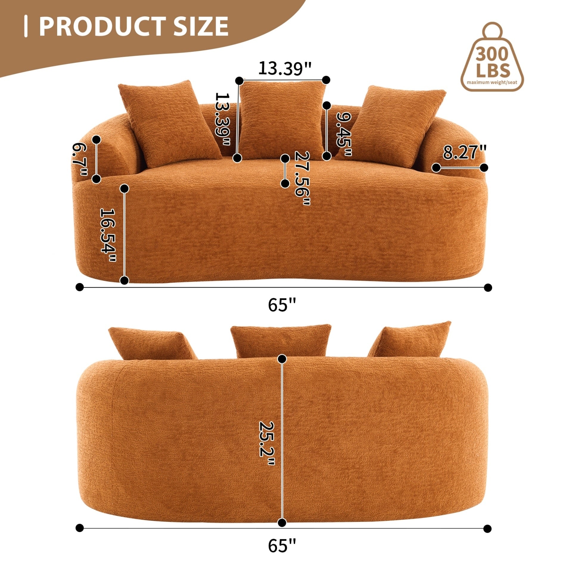 Canapé 2 places compact et incurvé en chenille 30D, sans assemblage, avec mousse à compression intégrale.