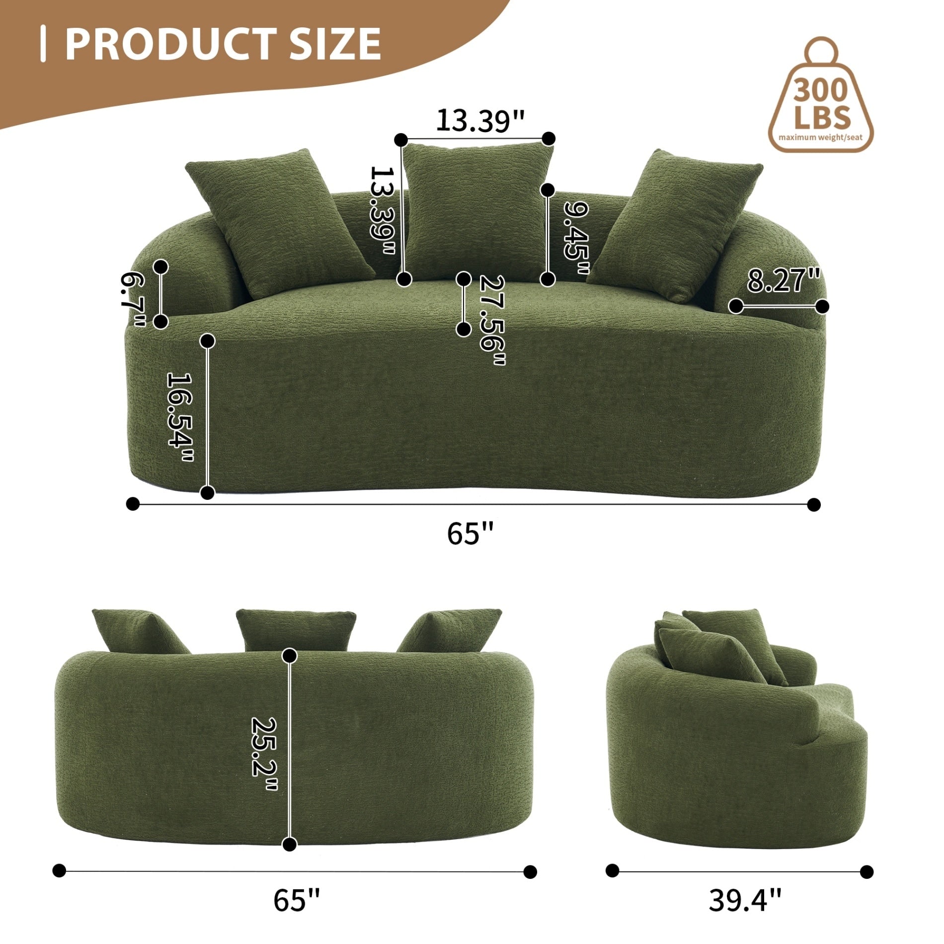Canapé 2 places compact et incurvé en chenille 30D, sans assemblage, avec mousse à compression intégrale.
