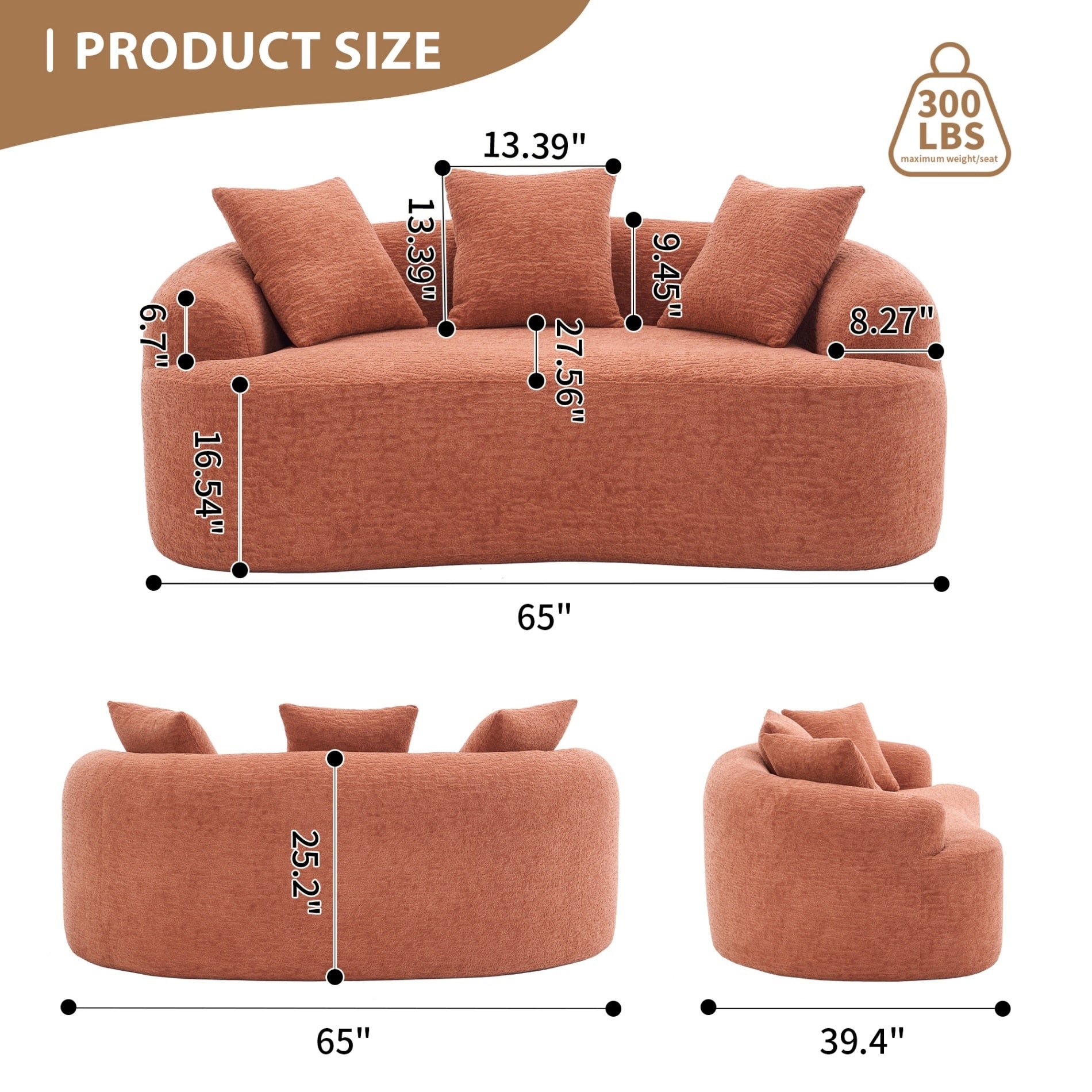 Canapé 2 places compact et incurvé en chenille 30D, sans assemblage, avec mousse à compression intégrale.