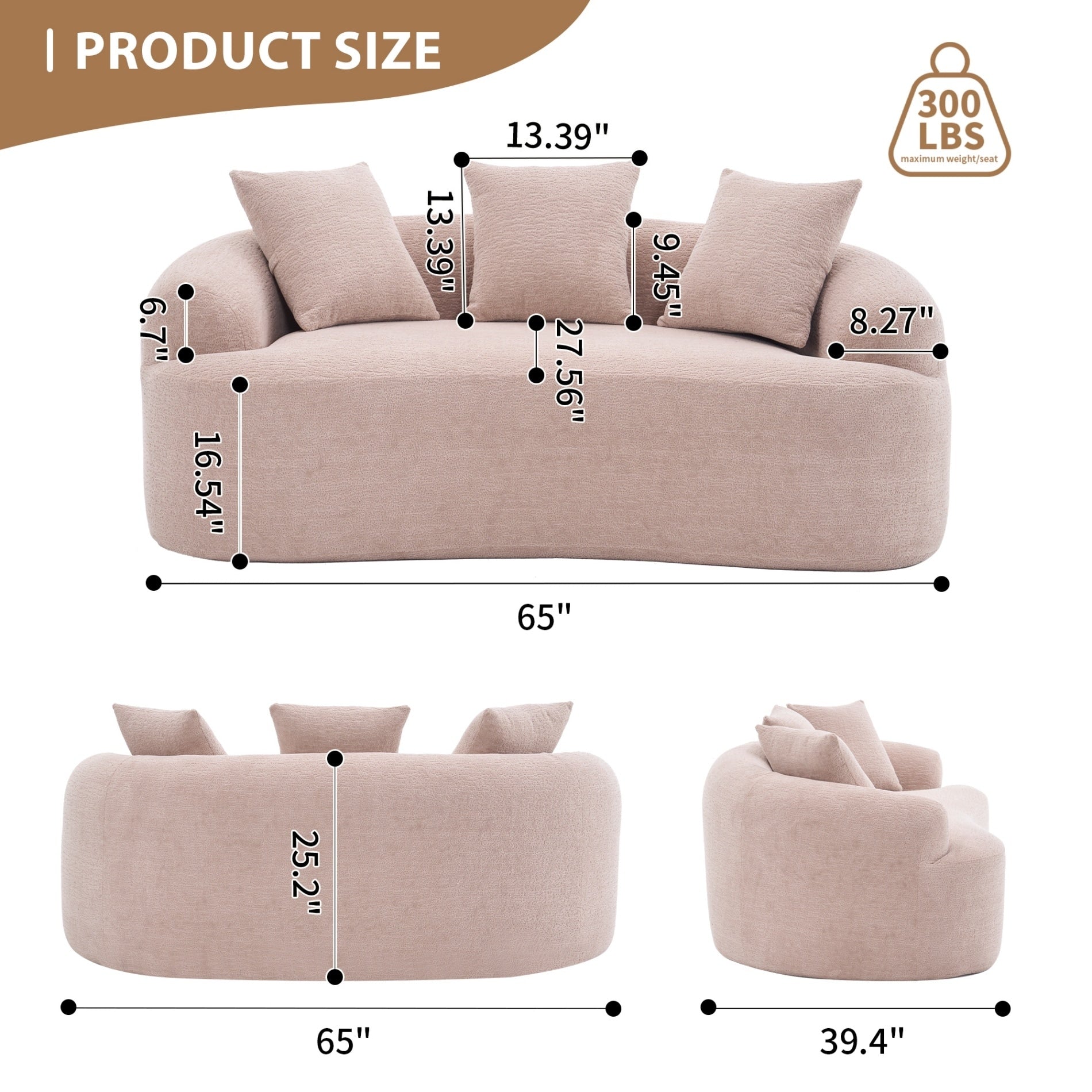 Canapé 2 places compact et incurvé en chenille 30D, sans assemblage, avec mousse à compression intégrale.