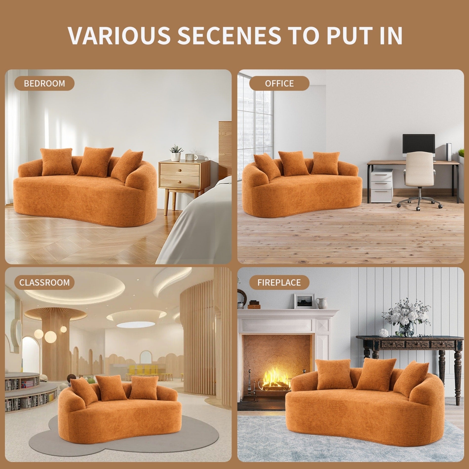 Canapé 2 places compact et incurvé en chenille 30D, sans assemblage, avec mousse à compression intégrale.
