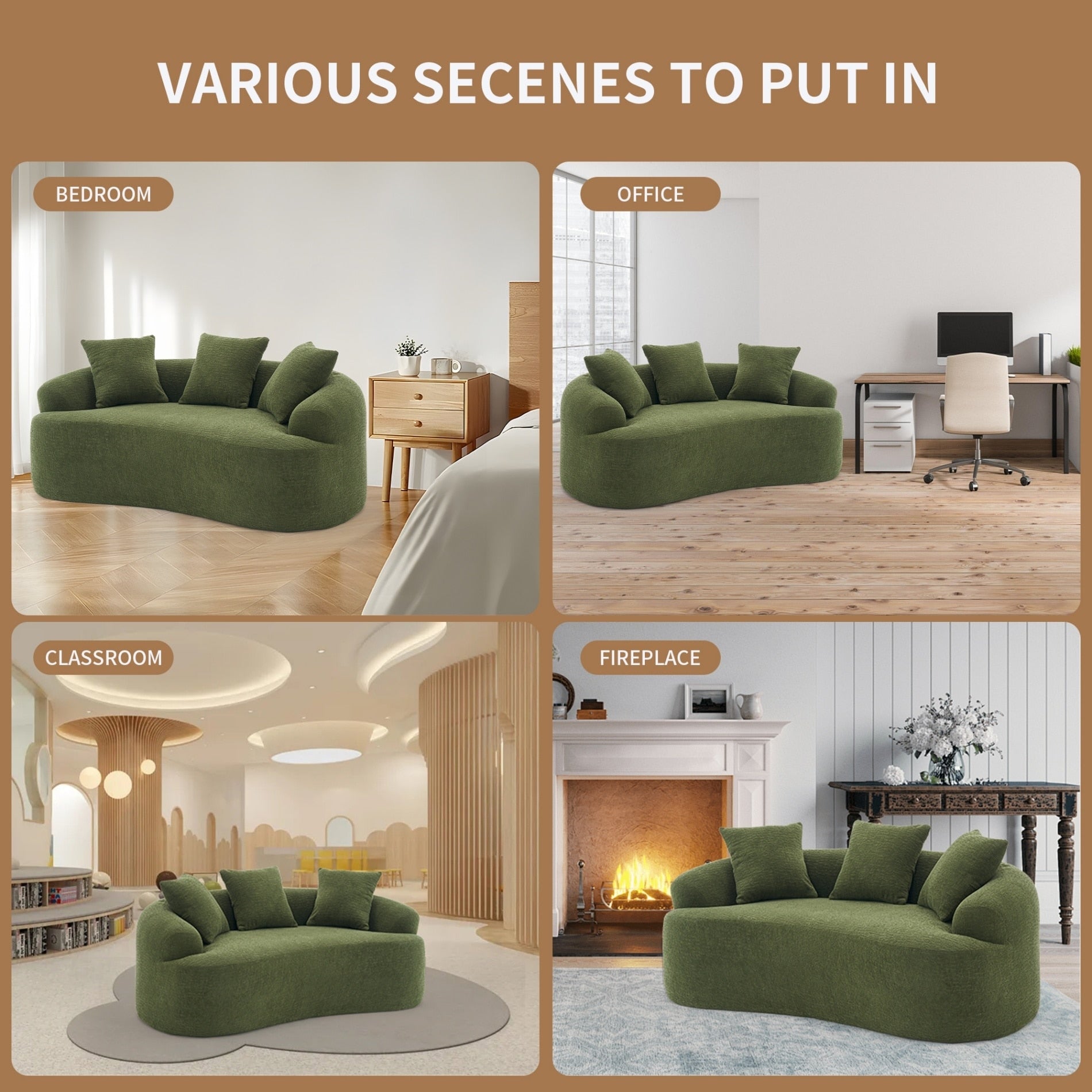 Canapé 2 places compact et incurvé en chenille 30D, sans assemblage, avec mousse à compression intégrale.