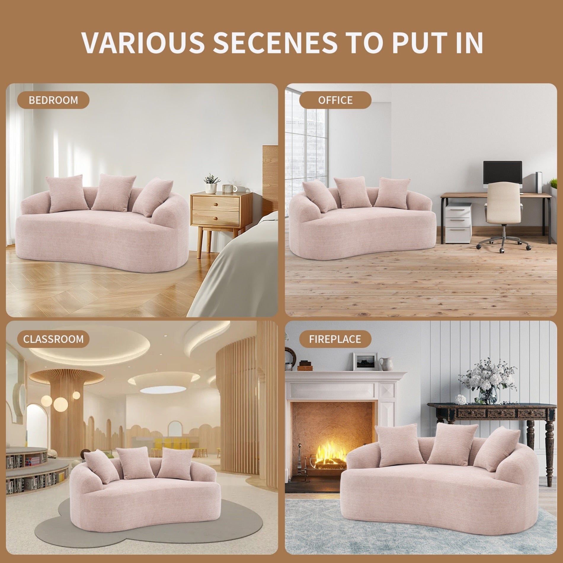Canapé 2 places compact et incurvé en chenille 30D, sans assemblage, avec mousse à compression intégrale.