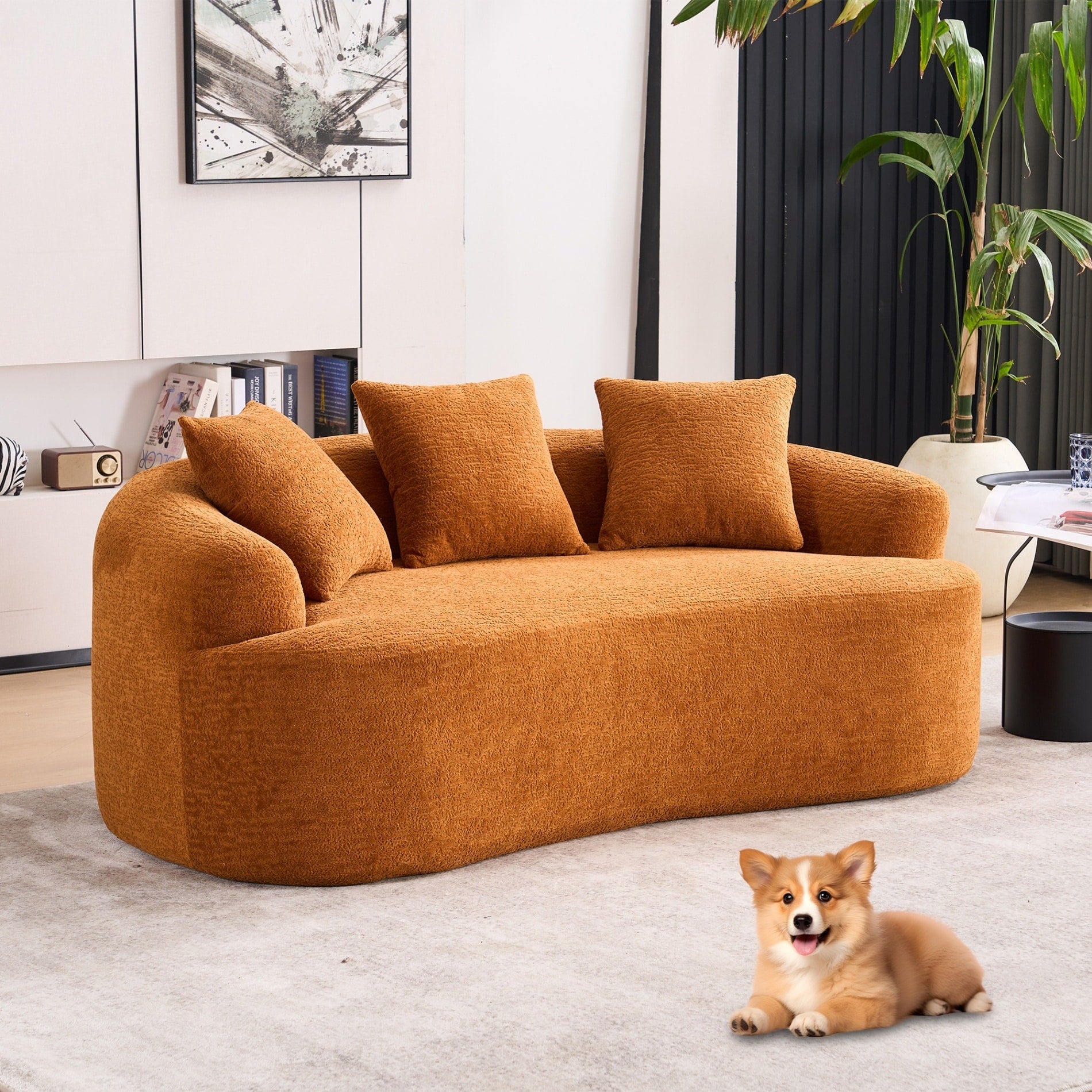 Canapé 2 places compact et incurvé en chenille 30D, sans assemblage, avec mousse à compression intégrale.