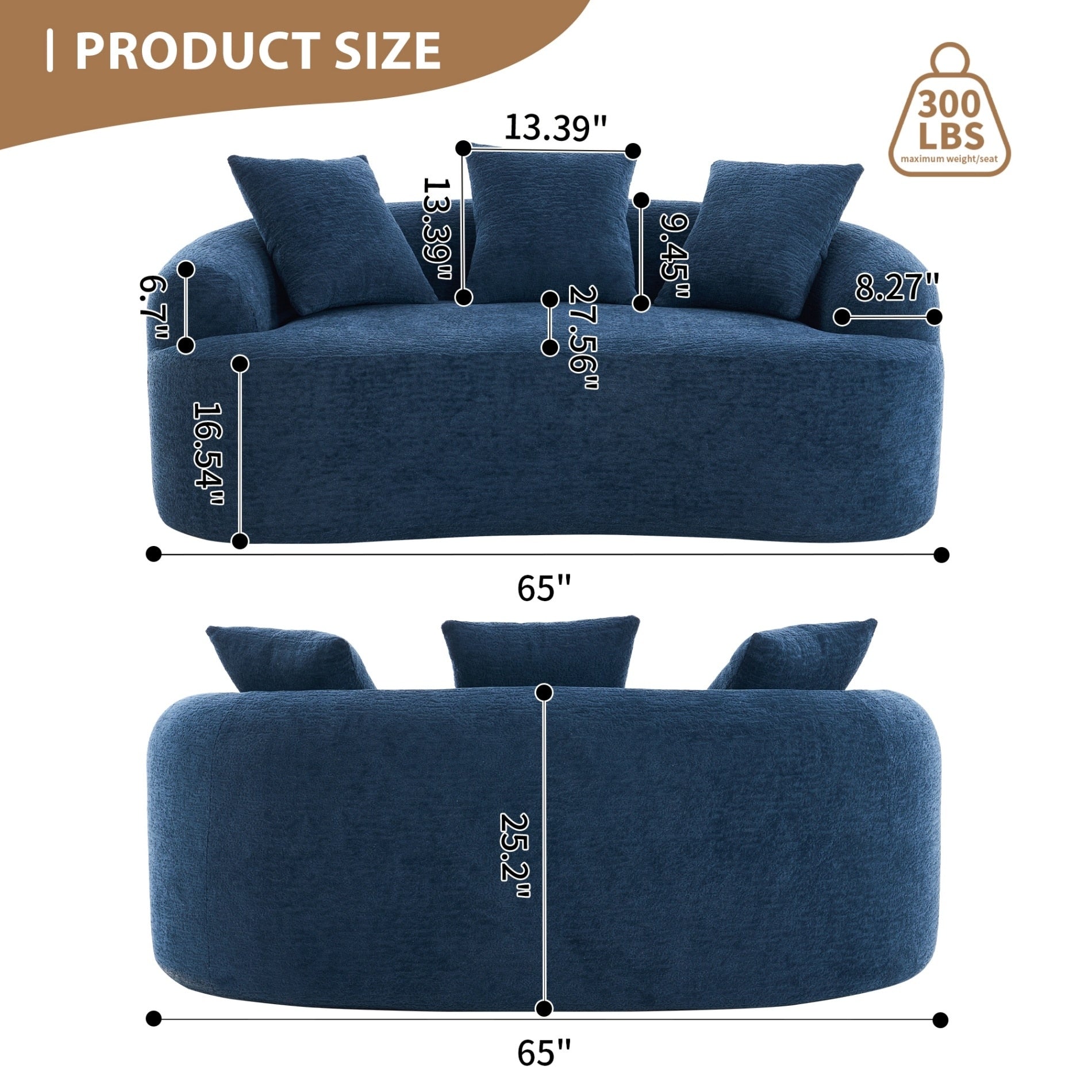 Canapé 2 places compact et incurvé en chenille 30D, sans assemblage, avec mousse à compression intégrale.