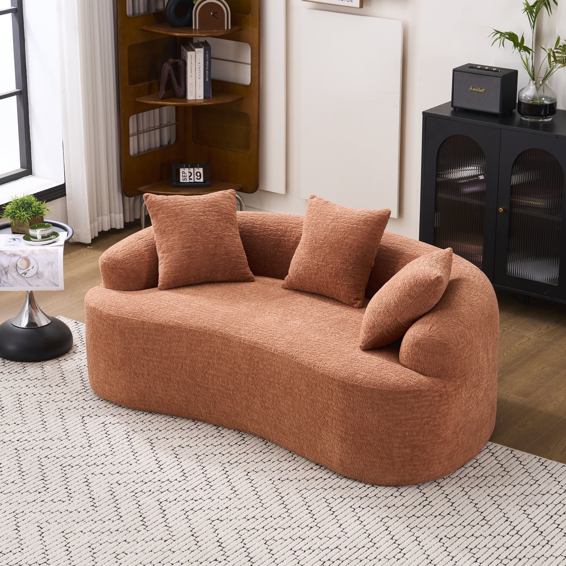 Canapé 2 places compact et incurvé en chenille 30D, sans assemblage, avec mousse à compression intégrale.
