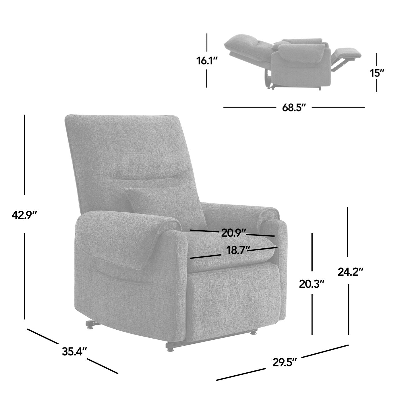 Fauteuil inclinable à levage électrique 30 pouces, gris acier, chenille