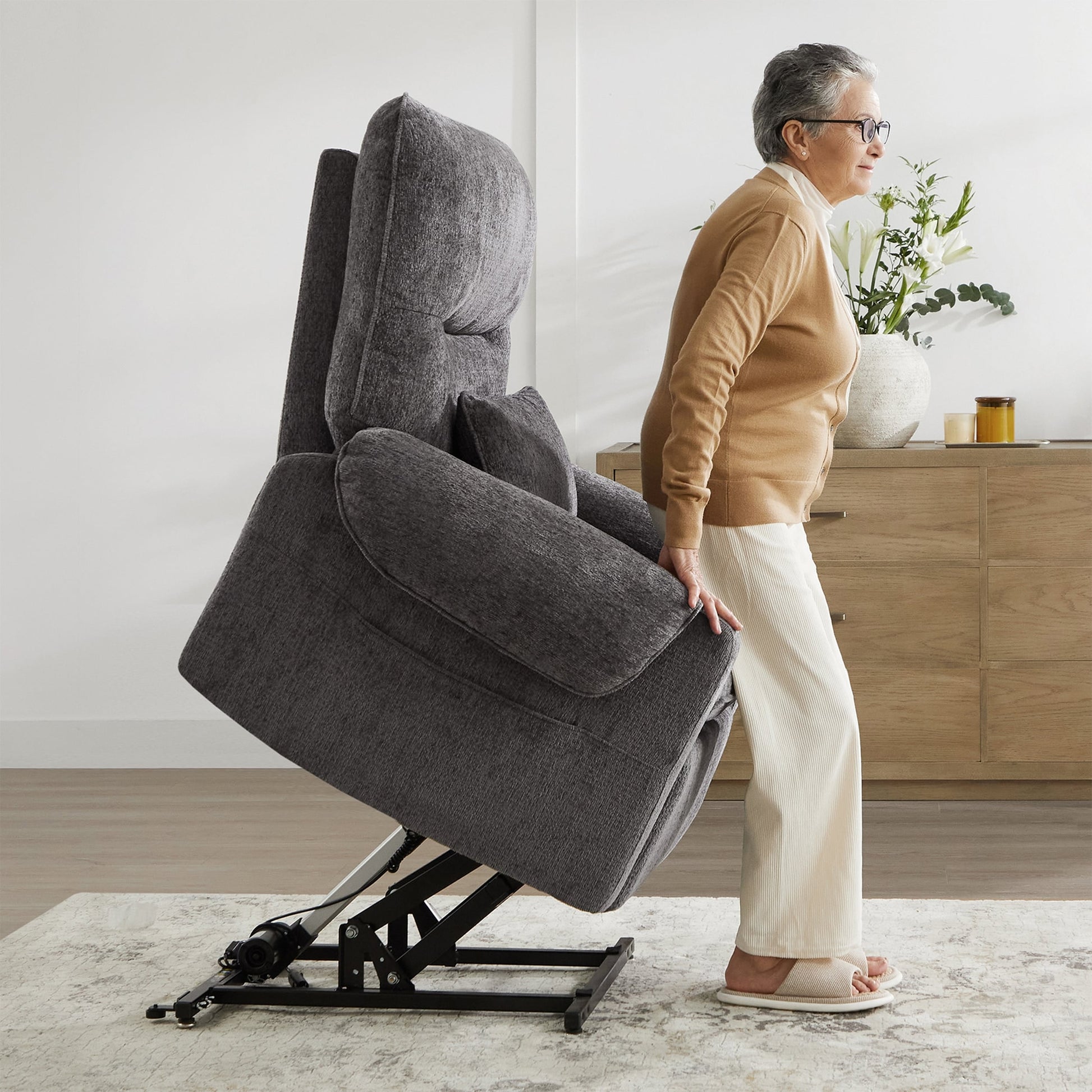 Fauteuil inclinable à levage électrique 30 pouces, gris acier, chenille