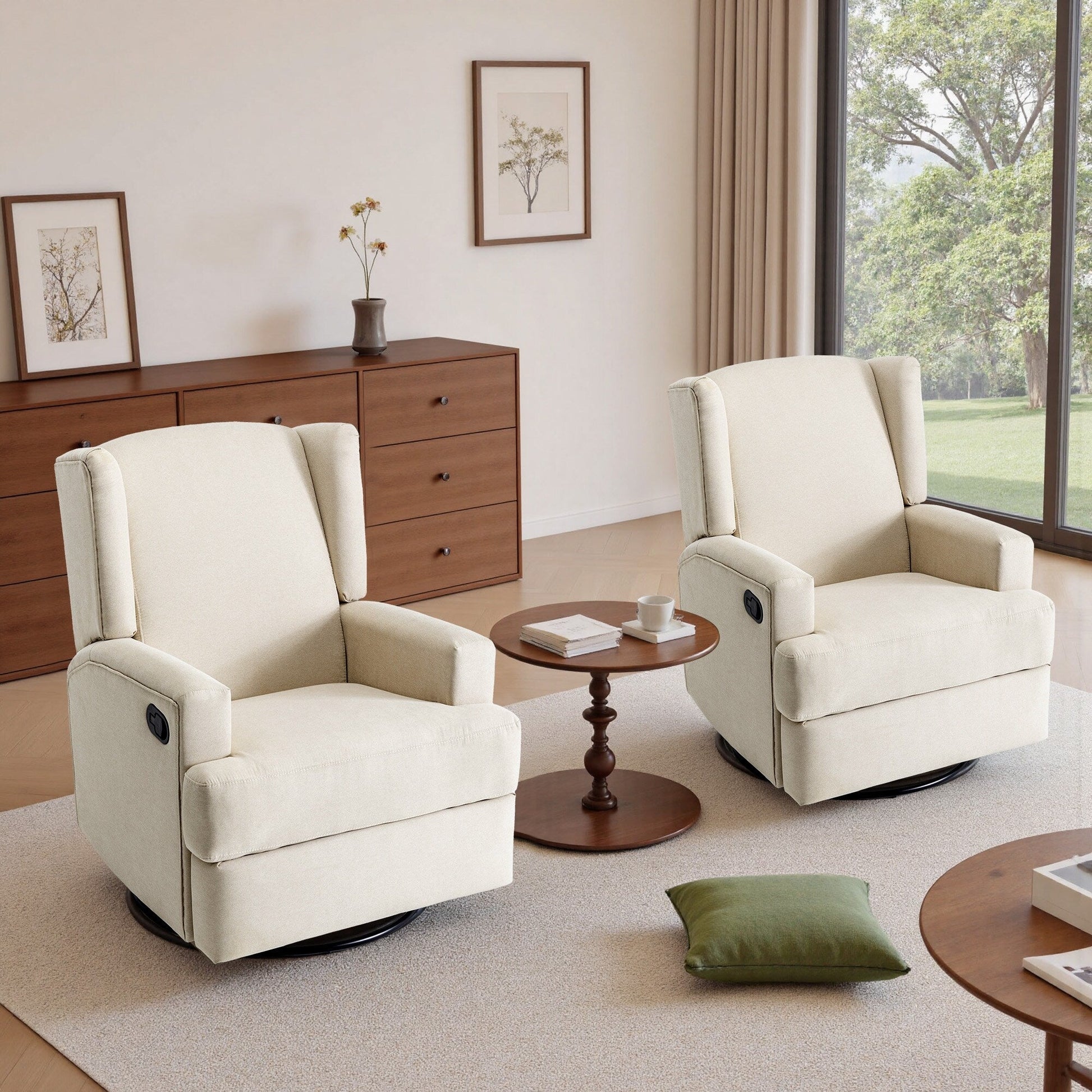 Ensemble de 2 chaises à bascule et à balancement manuelles, pivotantes et inclinables, 79 cm de large, pour chambre d'enfant.