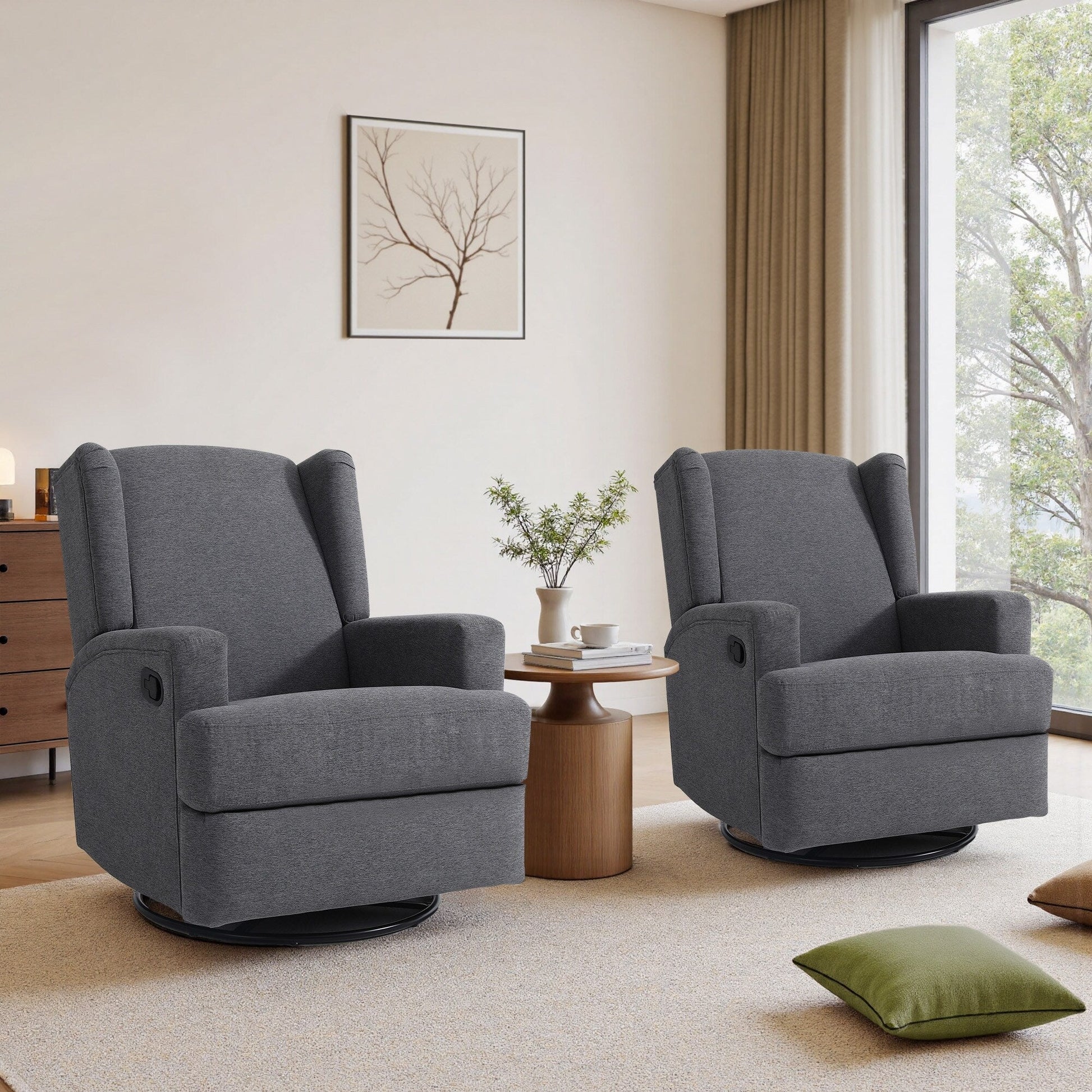 Ensemble de 2 chaises à bascule et à balancement manuelles, pivotantes et inclinables, 79 cm de large, pour chambre d'enfant.