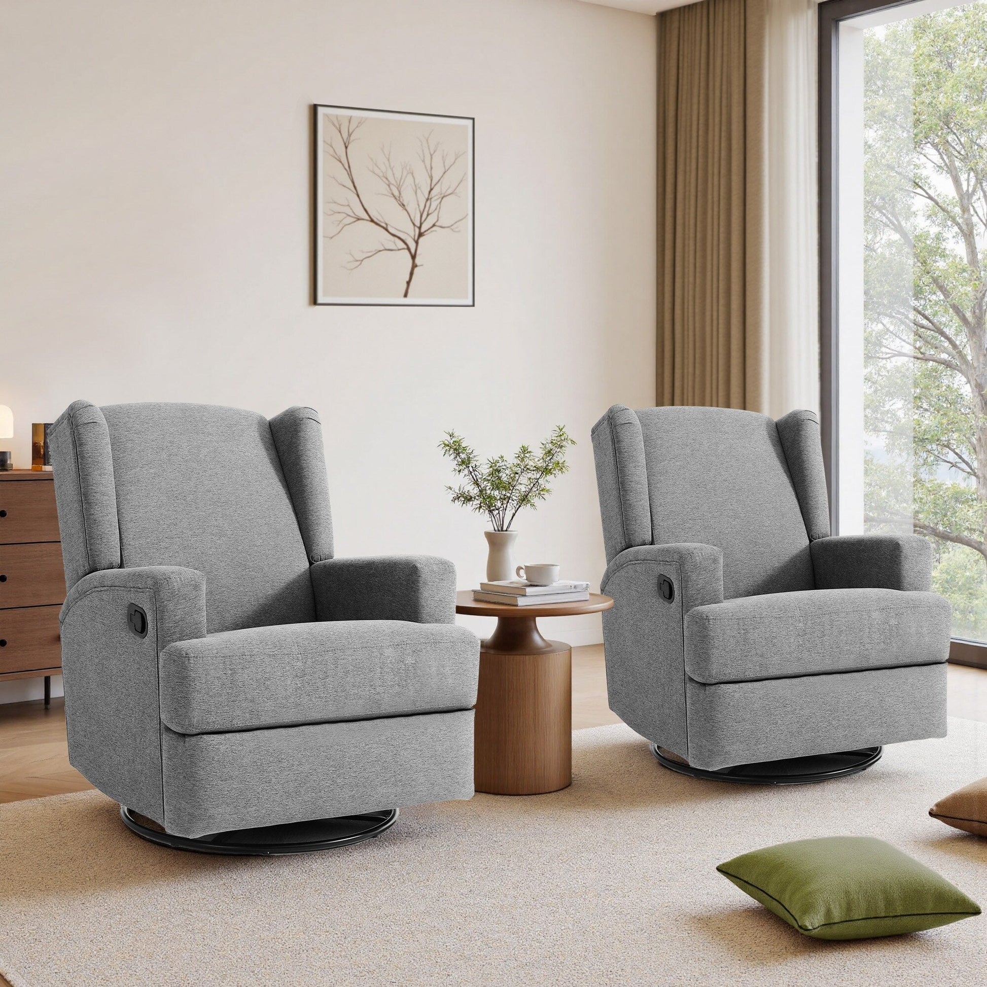 Ensemble de 2 chaises à bascule et à balancement manuelles, pivotantes et inclinables, 79 cm de large, pour chambre d'enfant.