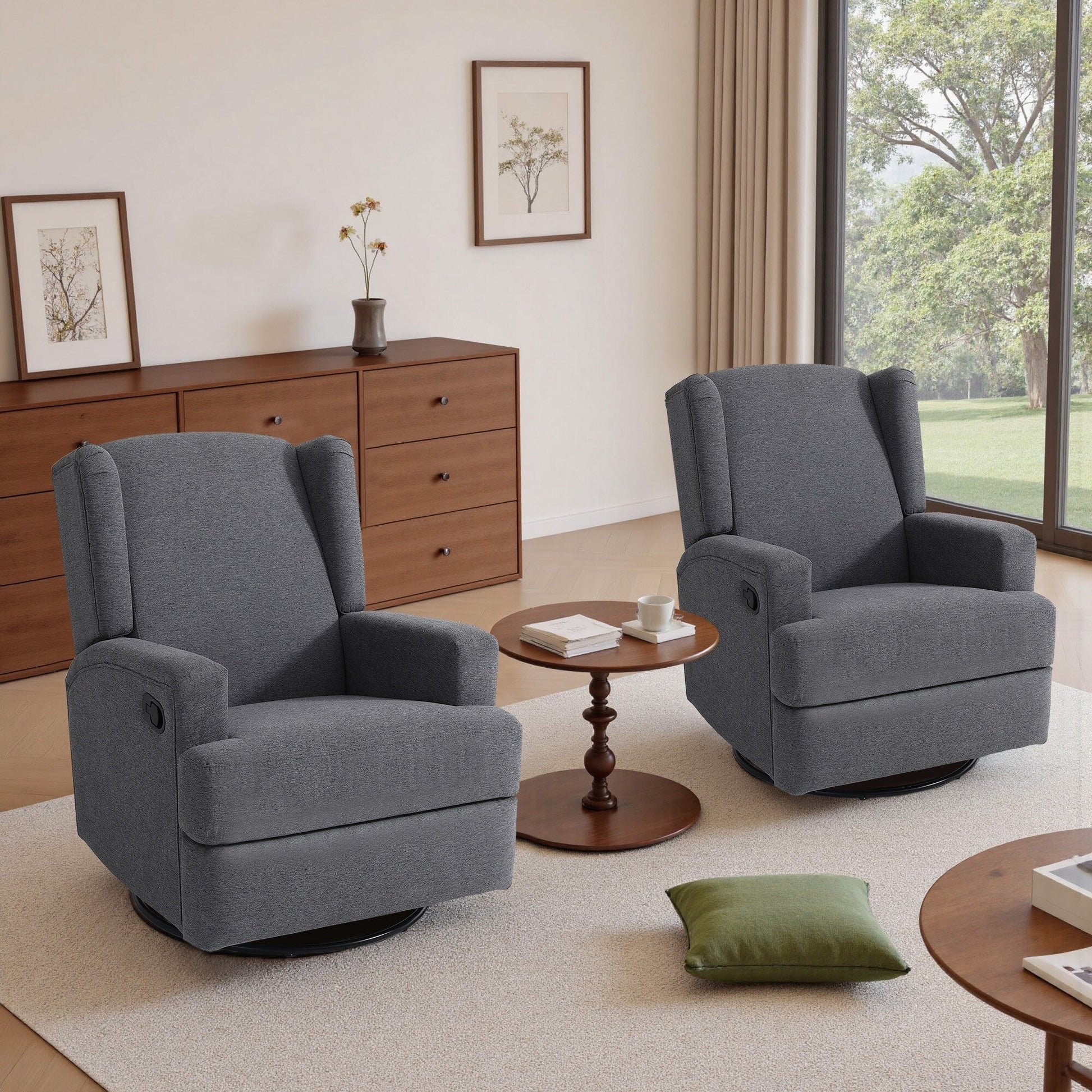Ensemble de 2 chaises à bascule et à balancement manuelles, pivotantes et inclinables, 79 cm de large, pour chambre d'enfant.