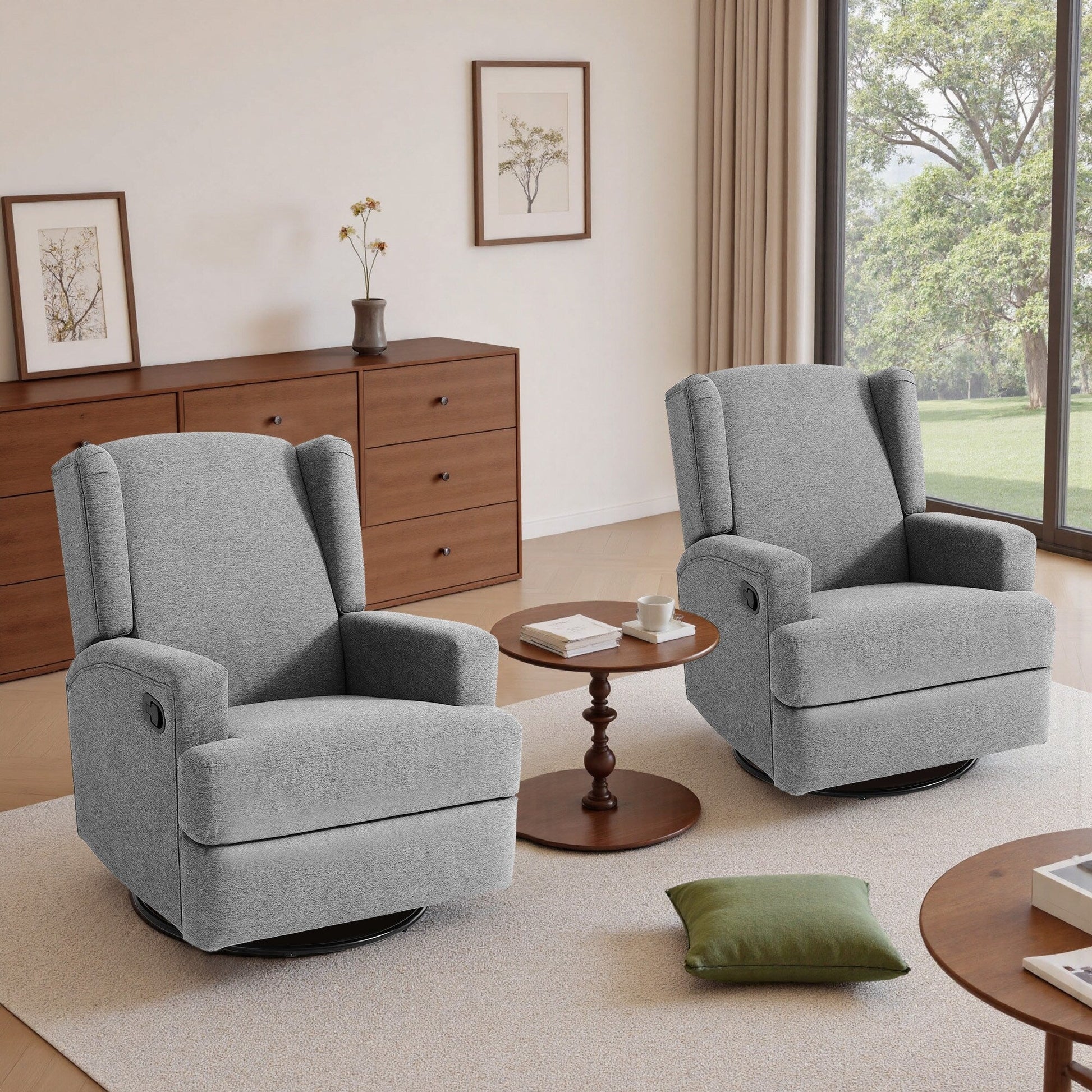Ensemble de 2 chaises à bascule et à balancement manuelles, pivotantes et inclinables, 79 cm de large, pour chambre d'enfant.