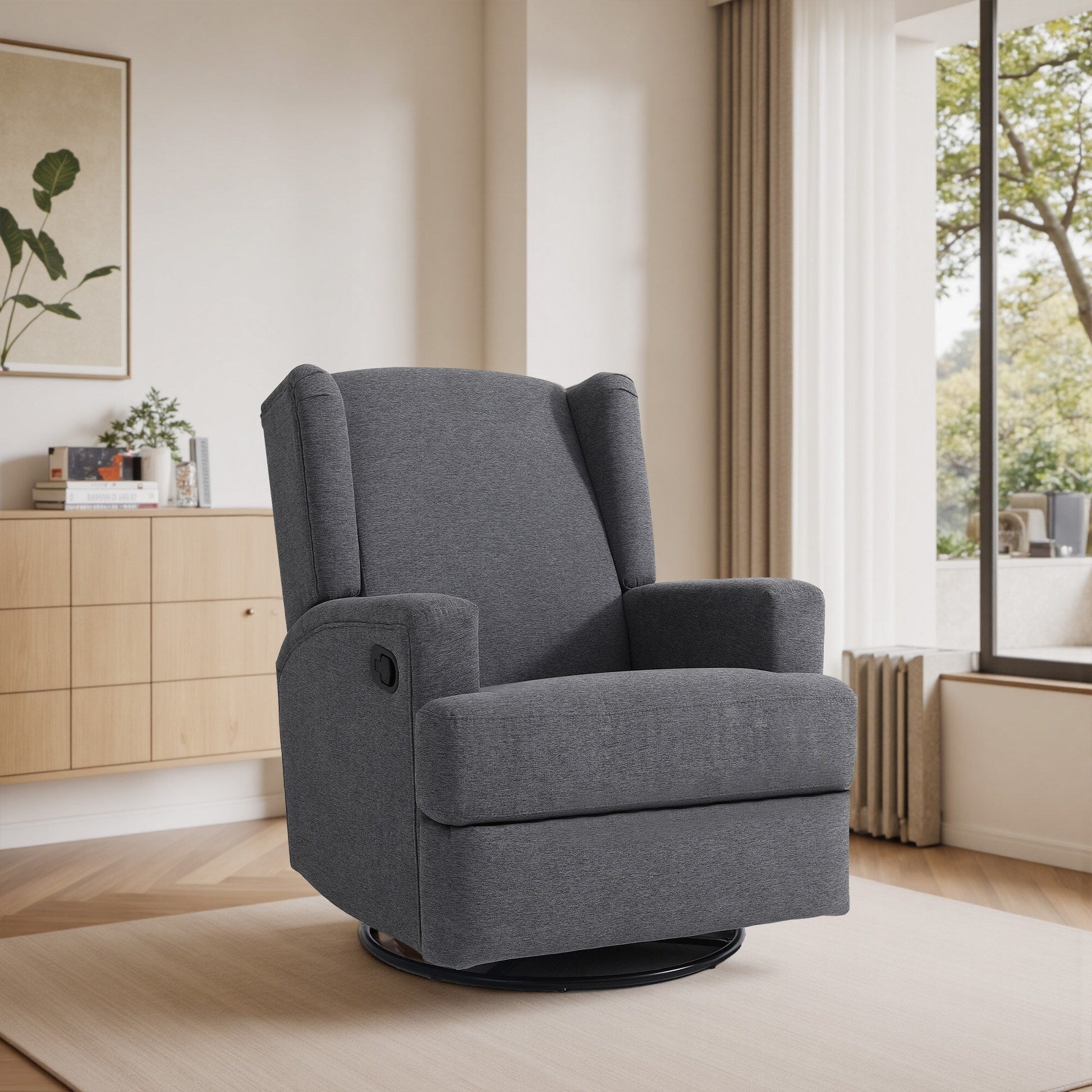 Fauteuil basculant à balancier et à dossier inclinable, avec accoudoirs, à commande manuelle, 78 cm de largeur, pour chambre d'enfant.