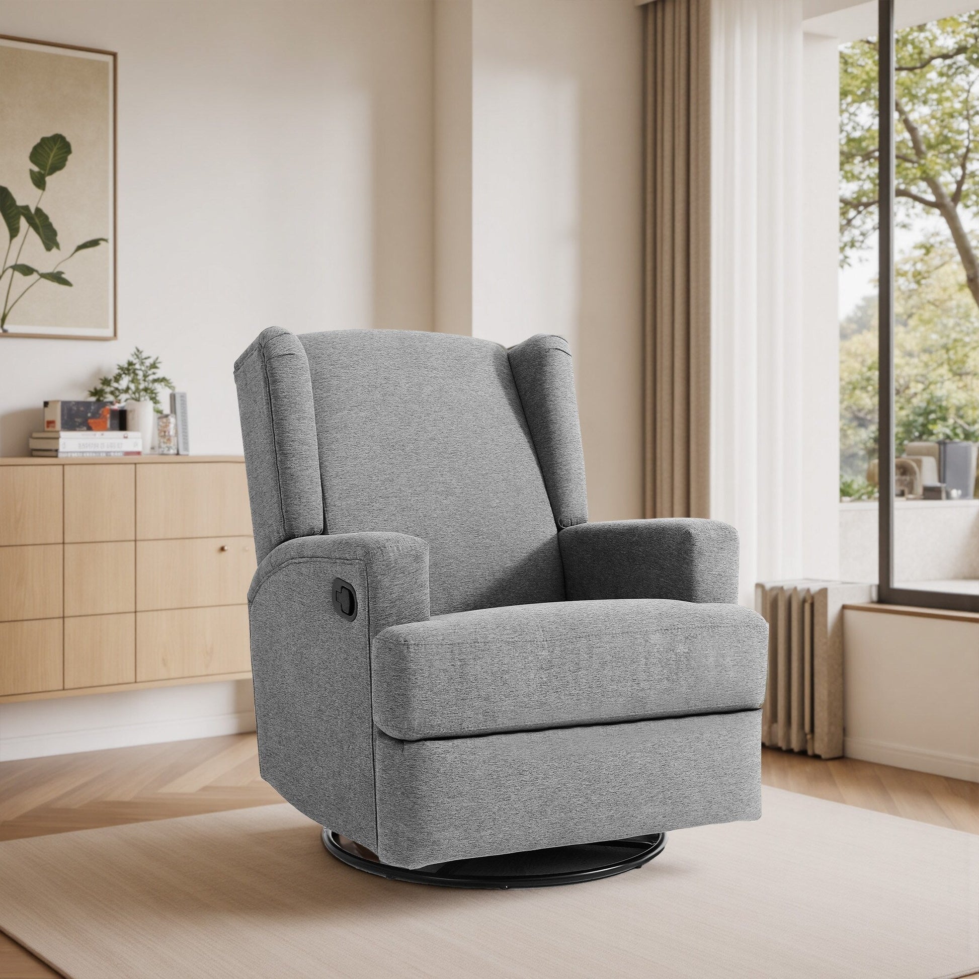 Fauteuil basculant à balancier et à dossier inclinable, avec accoudoirs, à commande manuelle, 78 cm de largeur, pour chambre d'enfant.