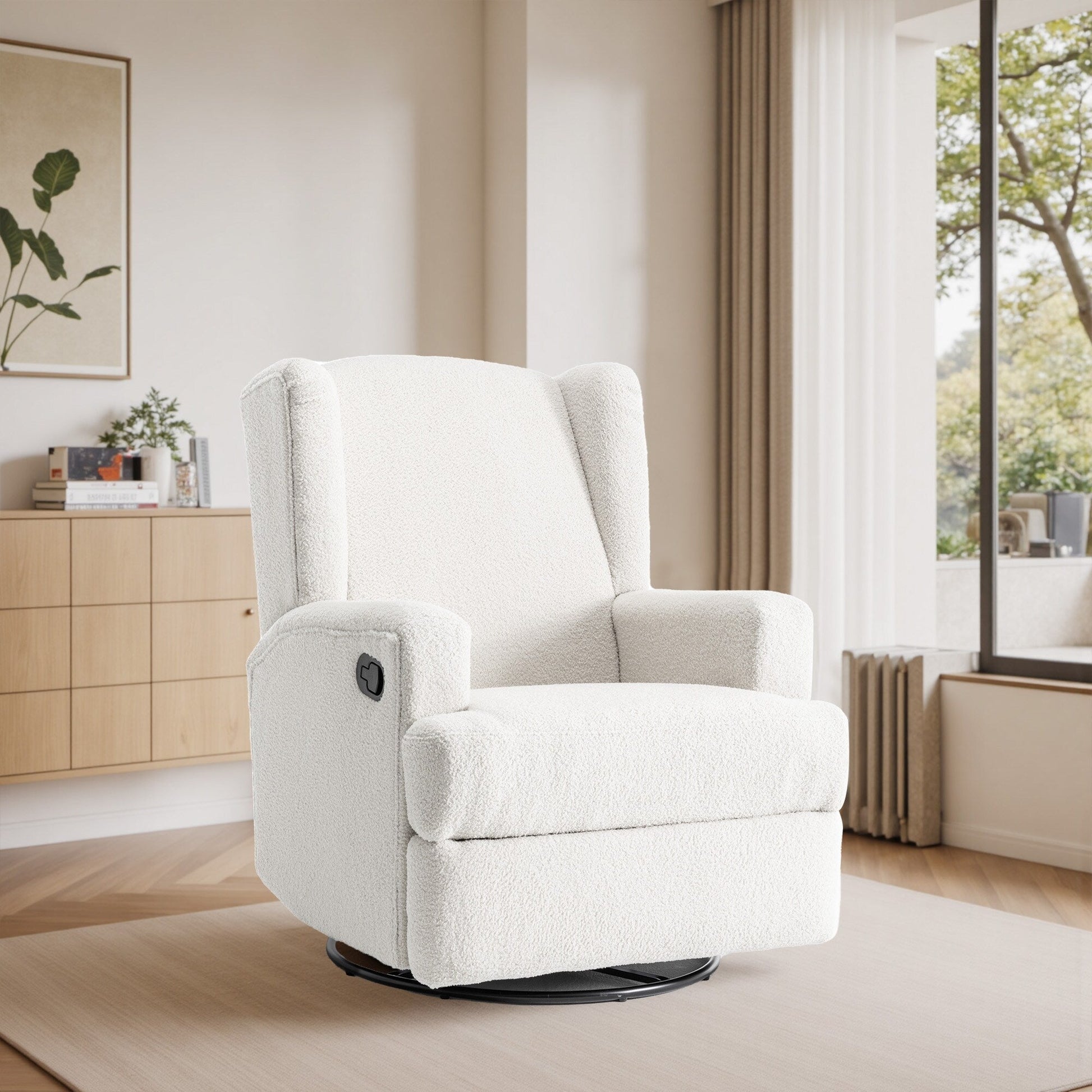 Fauteuil basculant à balancier et à dossier inclinable, avec accoudoirs, à commande manuelle, 78 cm de largeur, pour chambre d'enfant.