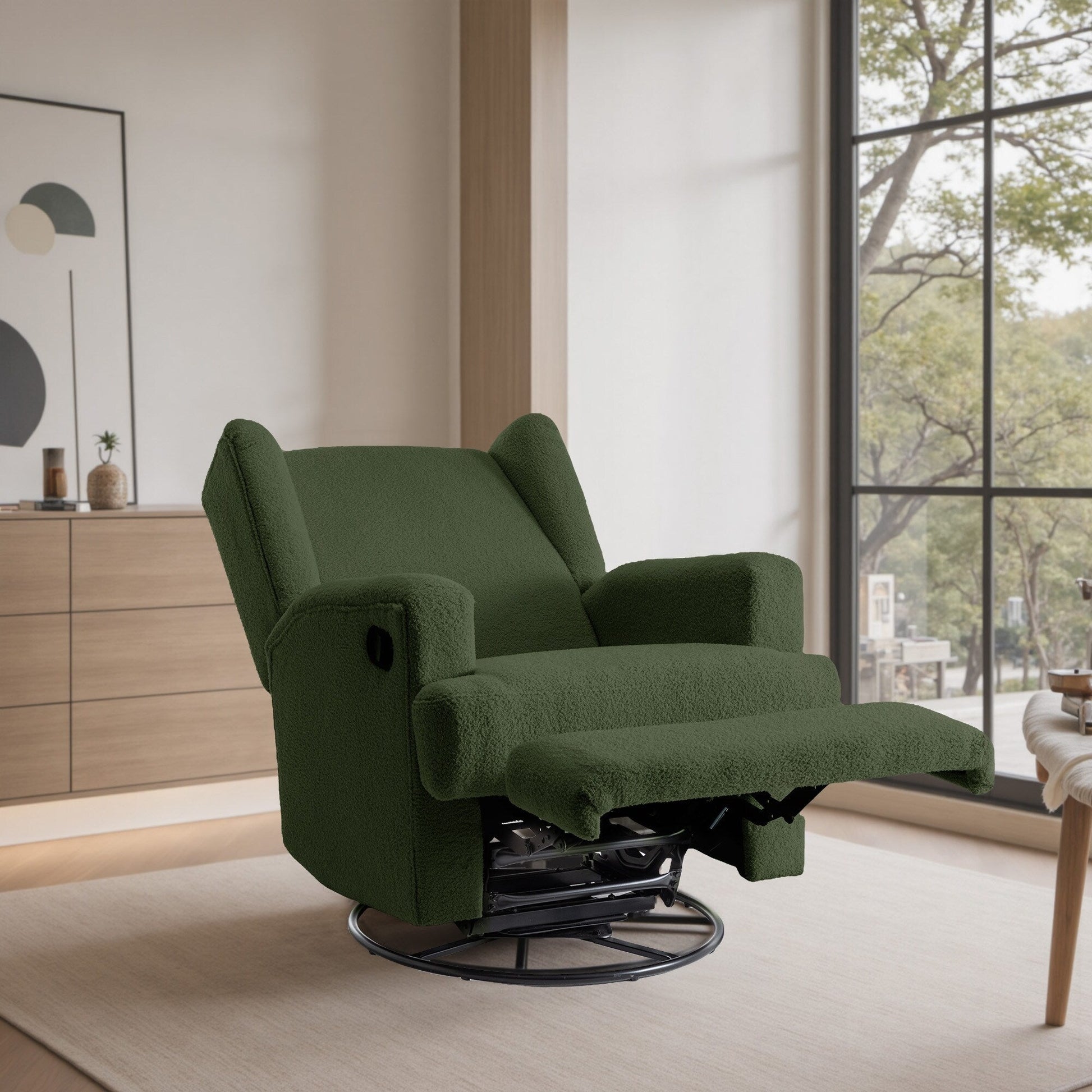 Fauteuil basculant à balancier et à dossier inclinable, avec accoudoirs, à commande manuelle, 78 cm de largeur, pour chambre d'enfant.