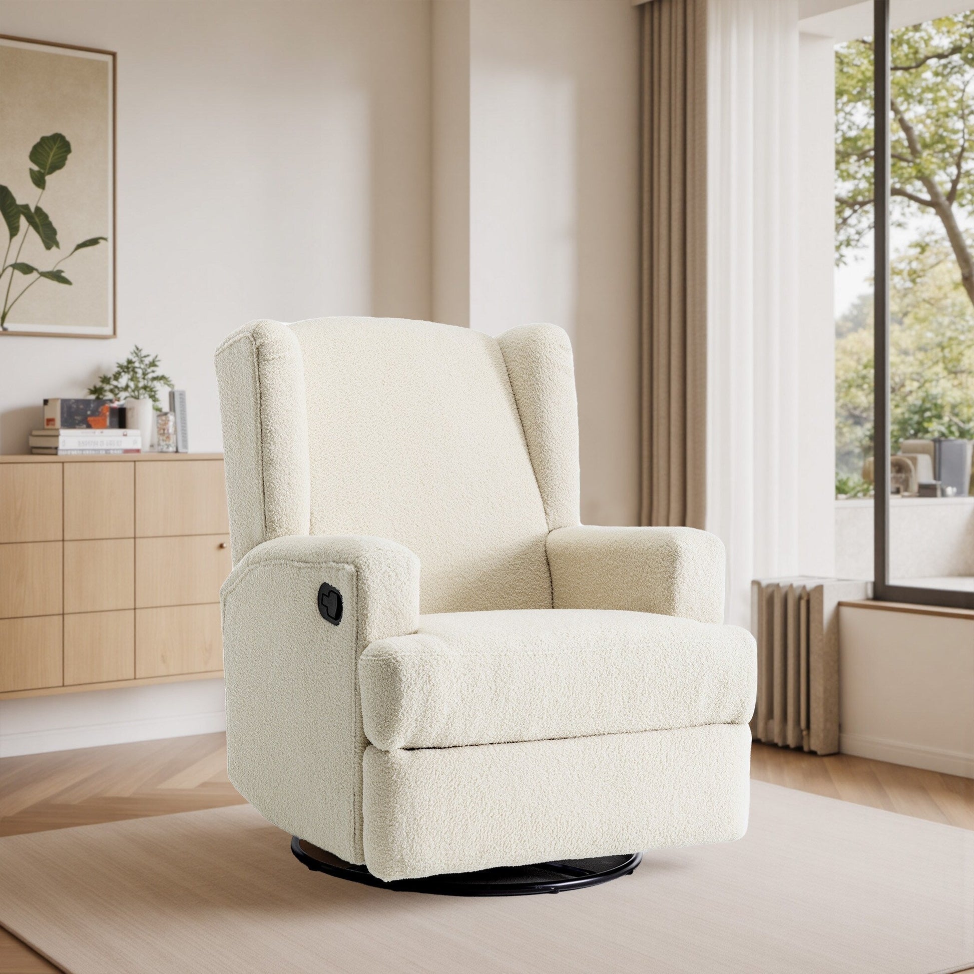 Fauteuil basculant à balancier et à dossier inclinable, avec accoudoirs, à commande manuelle, 78 cm de largeur, pour chambre d'enfant.