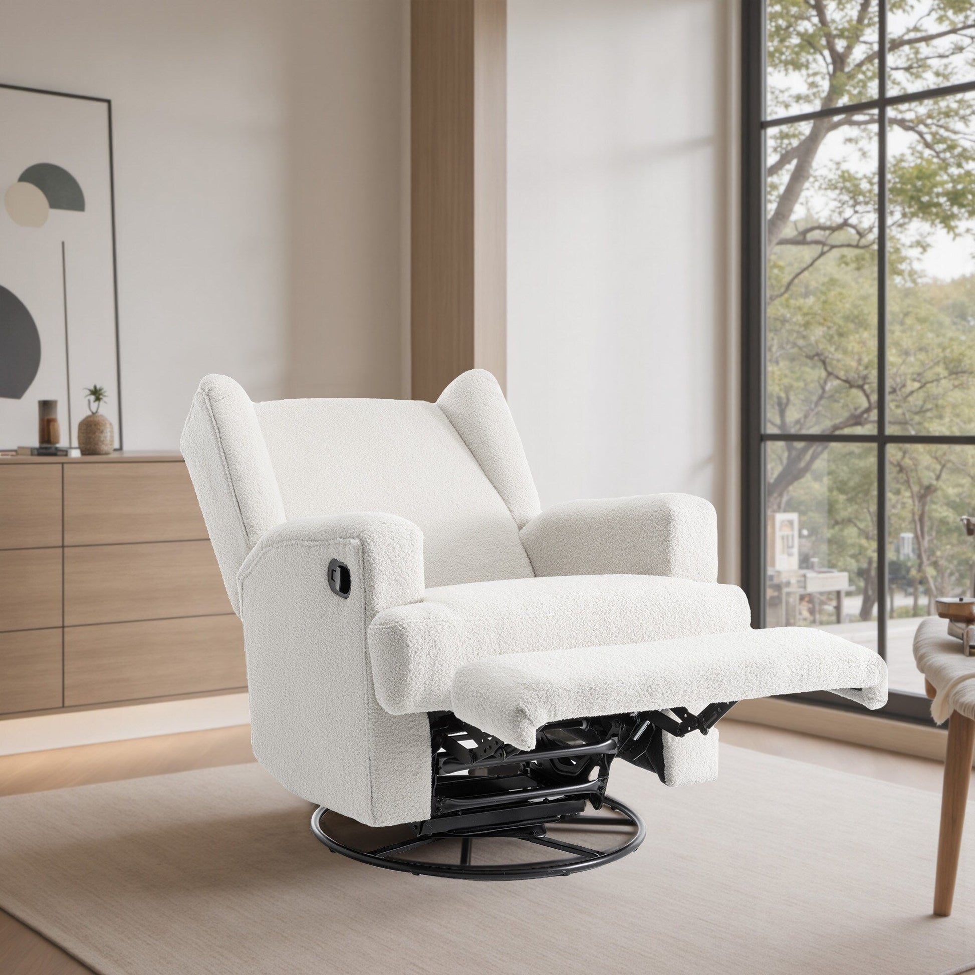 Fauteuil basculant à balancier et à dossier inclinable, avec accoudoirs, à commande manuelle, 78 cm de largeur, pour chambre d'enfant.