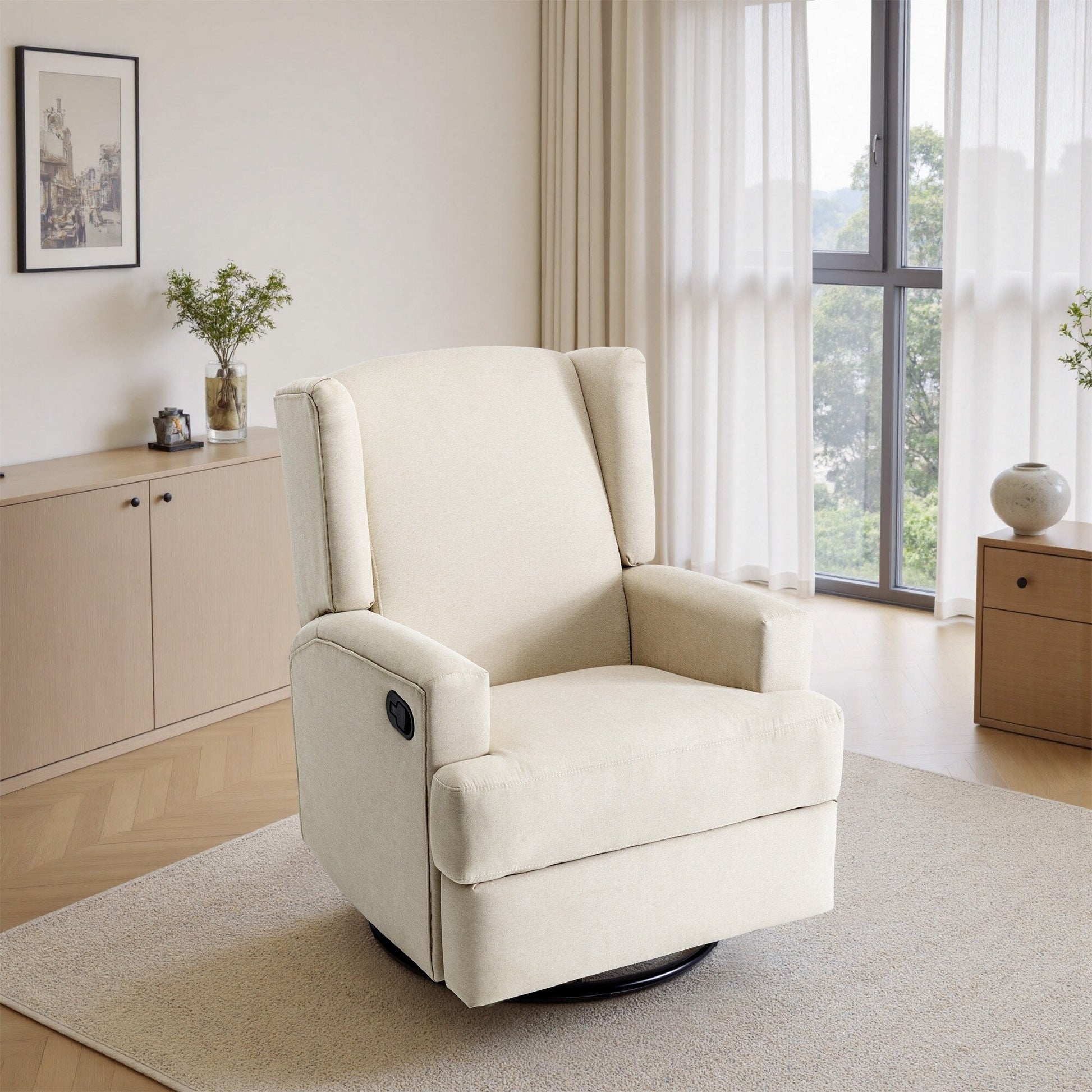 Fauteuil basculant à balancier et à dossier inclinable, avec accoudoirs, à commande manuelle, 78 cm de largeur, pour chambre d'enfant.