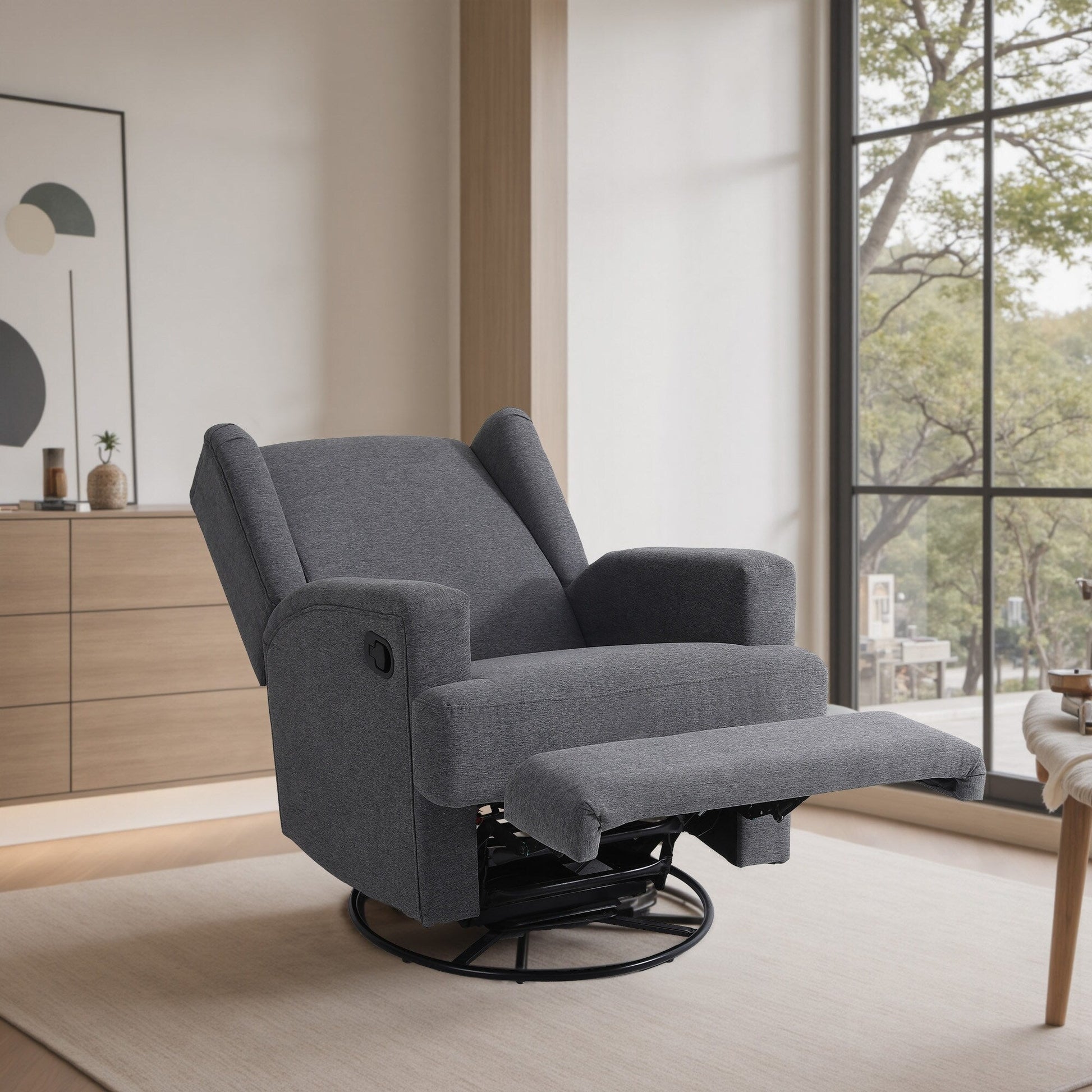 Fauteuil basculant à balancier et à dossier inclinable, avec accoudoirs, à commande manuelle, 78 cm de largeur, pour chambre d'enfant.