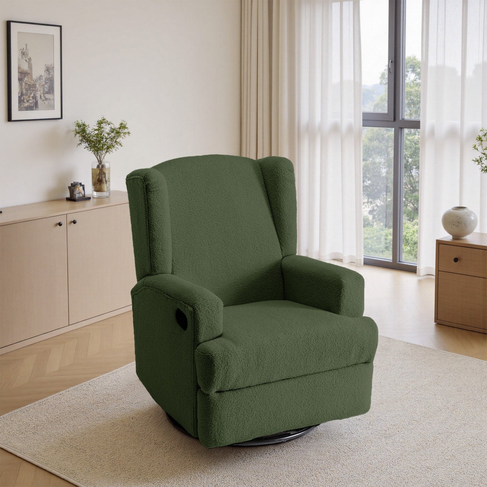 Fauteuil basculant à balancier et à dossier inclinable, avec accoudoirs, à commande manuelle, 78 cm de largeur, pour chambre d'enfant.