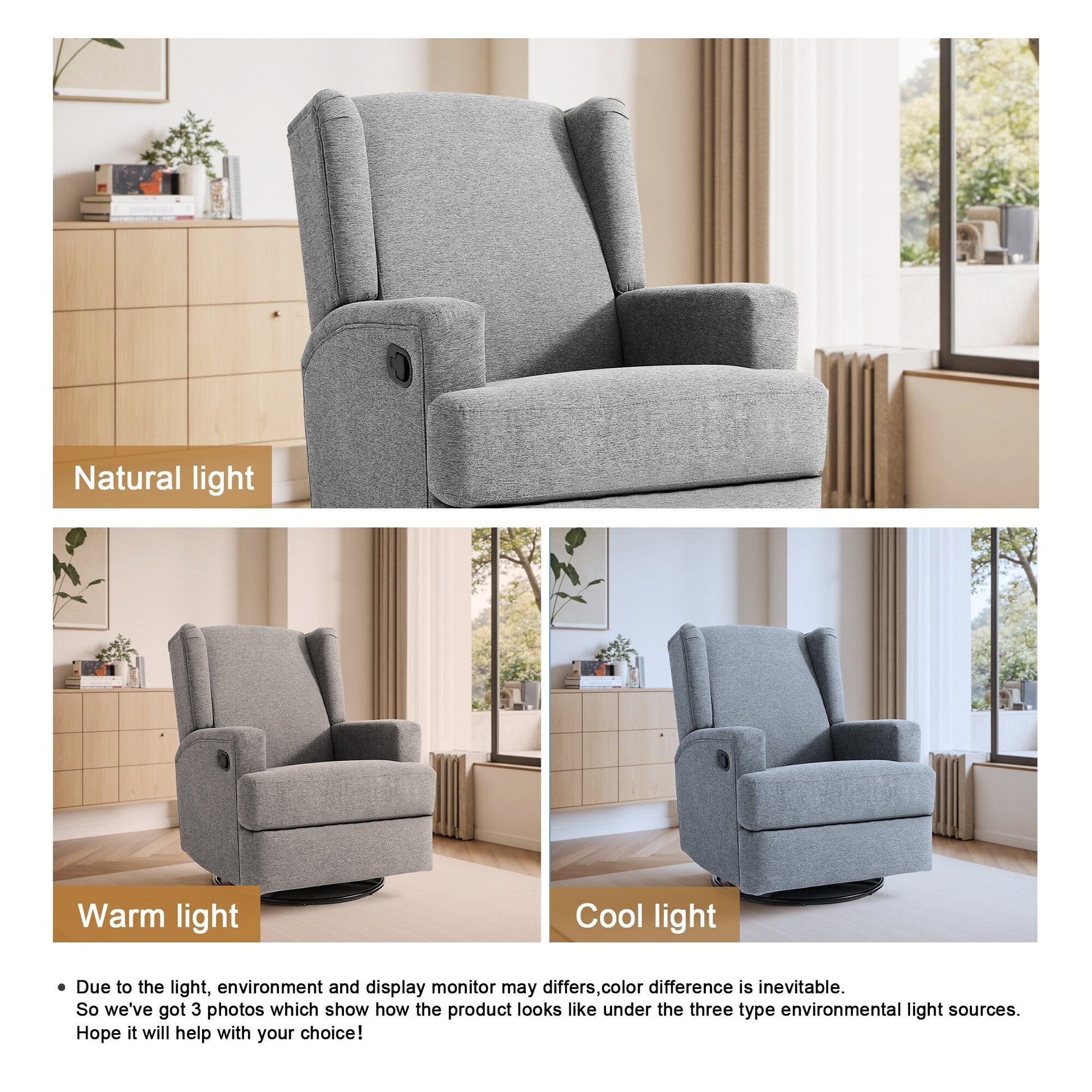 Fauteuil basculant à balancier et à dossier inclinable, avec accoudoirs, à commande manuelle, 78 cm de largeur, pour chambre d'enfant.