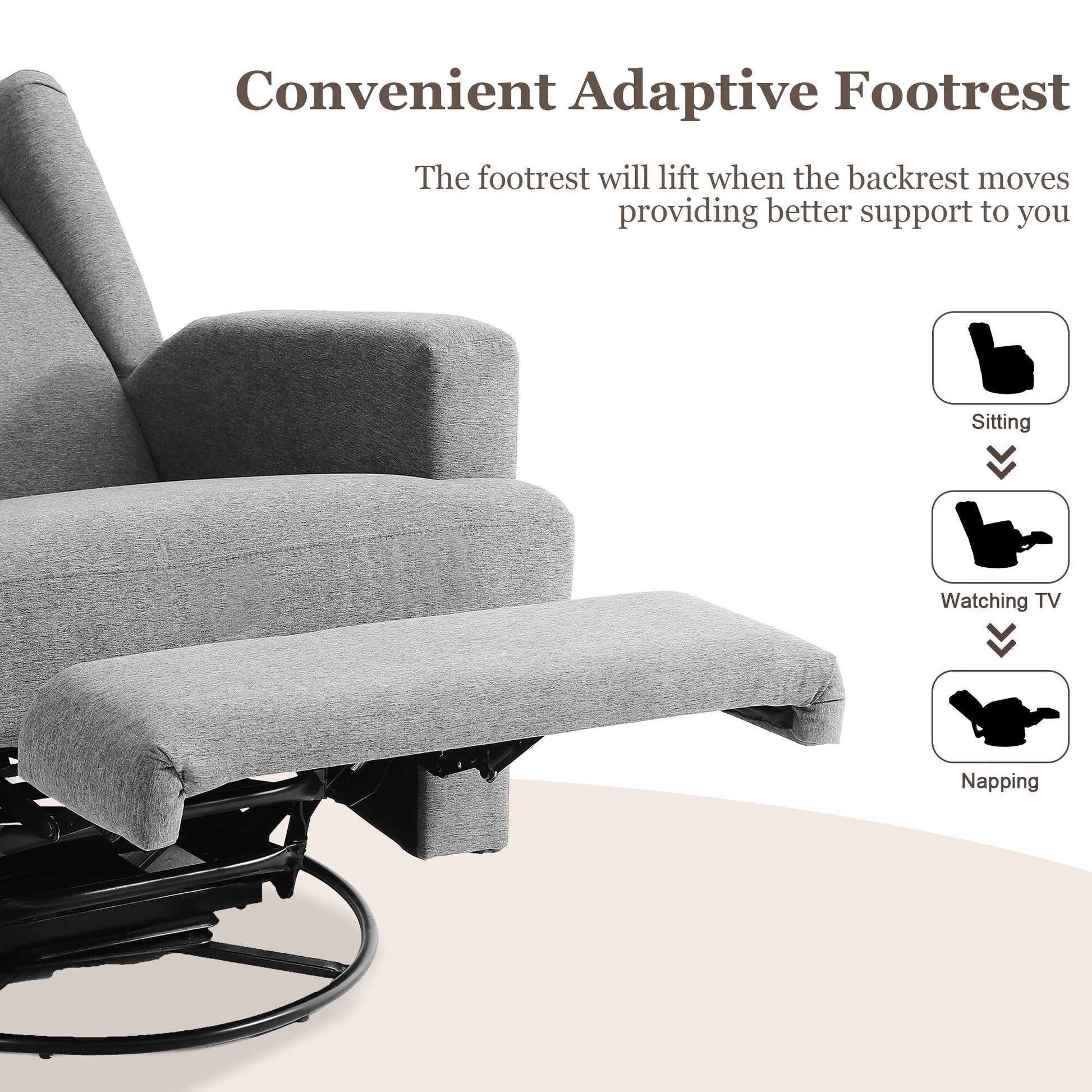 Fauteuil basculant à balancier et à dossier inclinable, avec accoudoirs, à commande manuelle, 78 cm de largeur, pour chambre d'enfant.