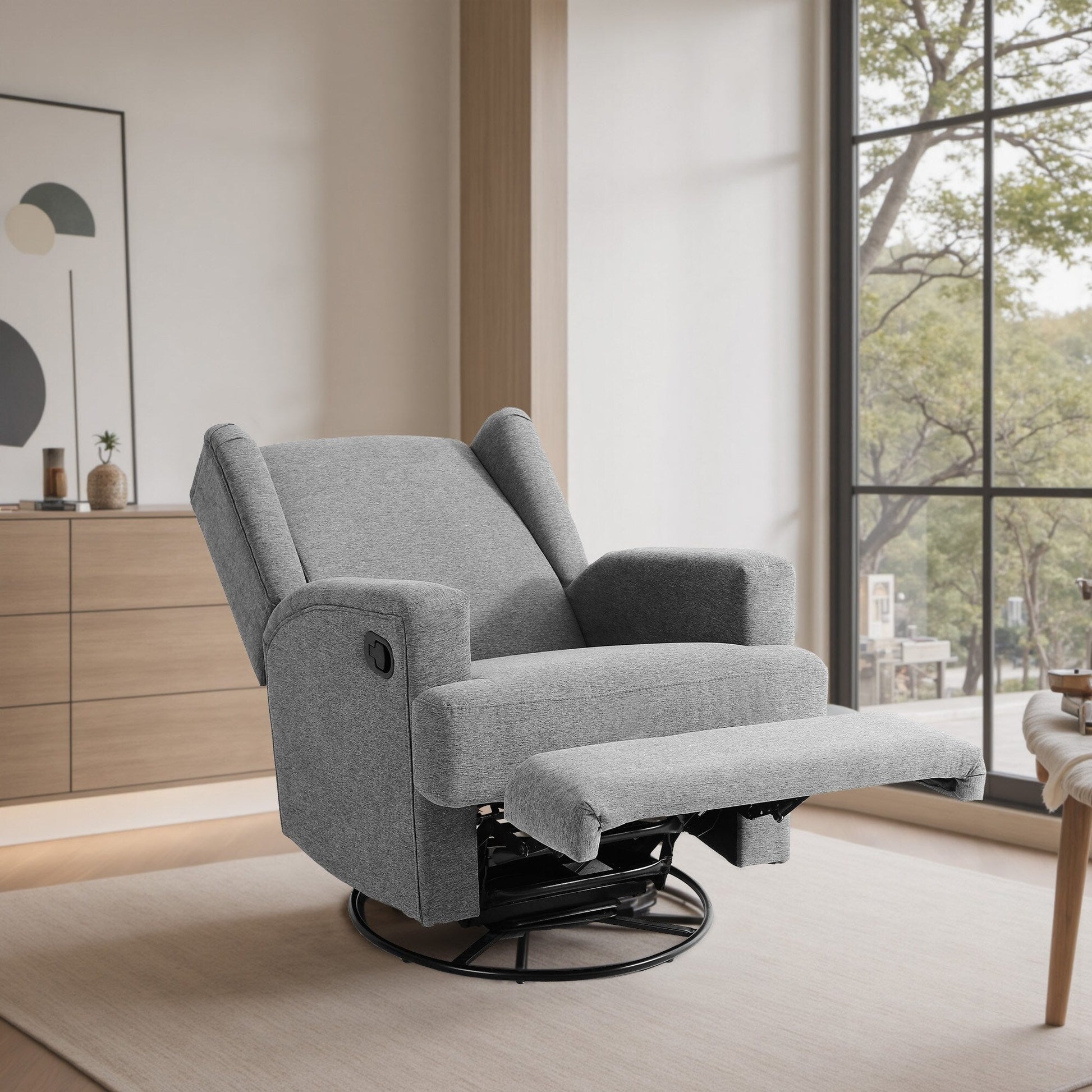 Fauteuil basculant à balancier et à dossier inclinable, avec accoudoirs, à commande manuelle, 78 cm de largeur, pour chambre d'enfant.