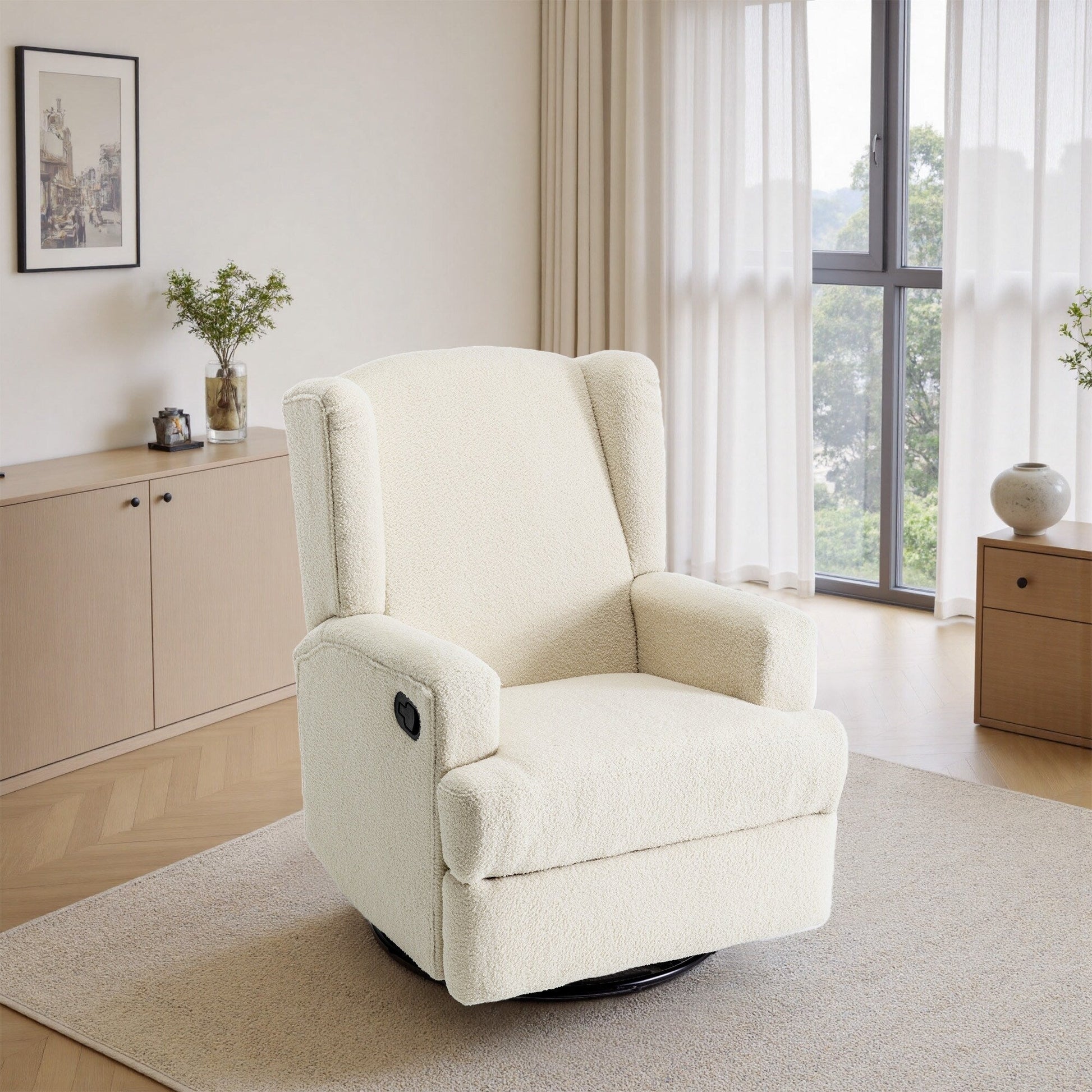Fauteuil basculant à balancier et à dossier inclinable, avec accoudoirs, à commande manuelle, 78 cm de largeur, pour chambre d'enfant.