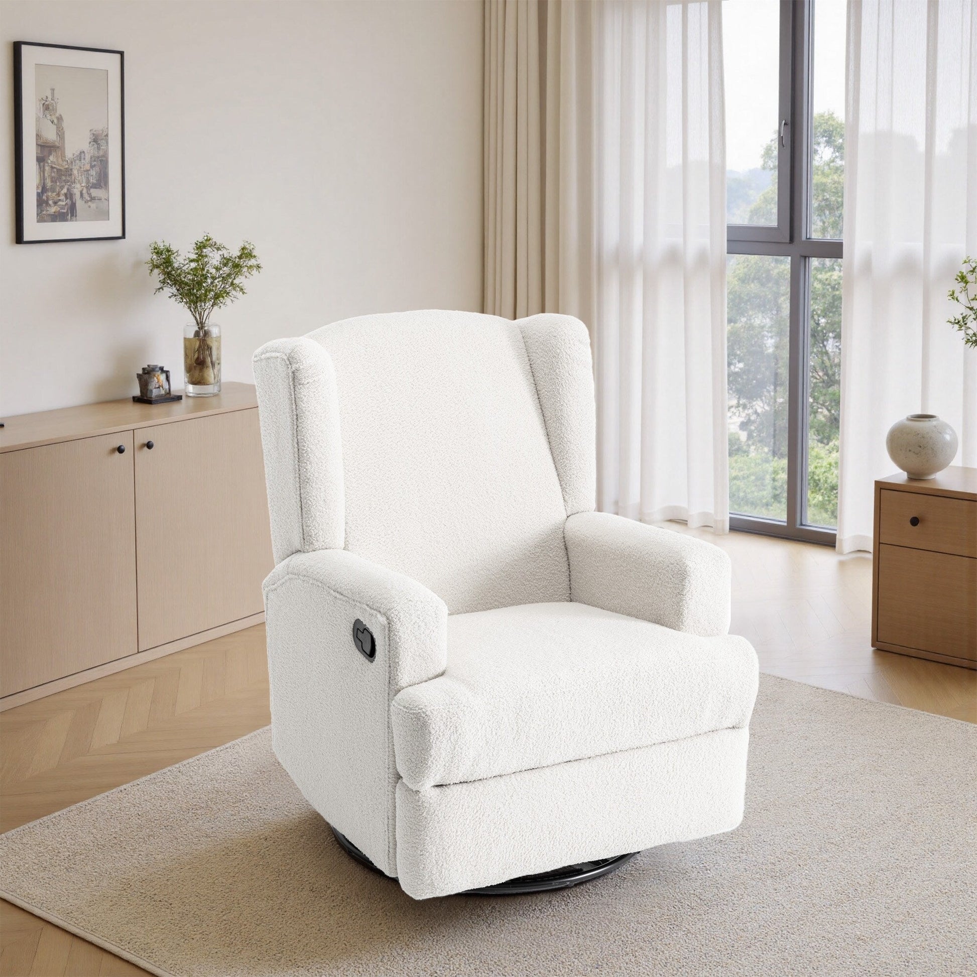 Fauteuil basculant à balancier et à dossier inclinable, avec accoudoirs, à commande manuelle, 78 cm de largeur, pour chambre d'enfant.
