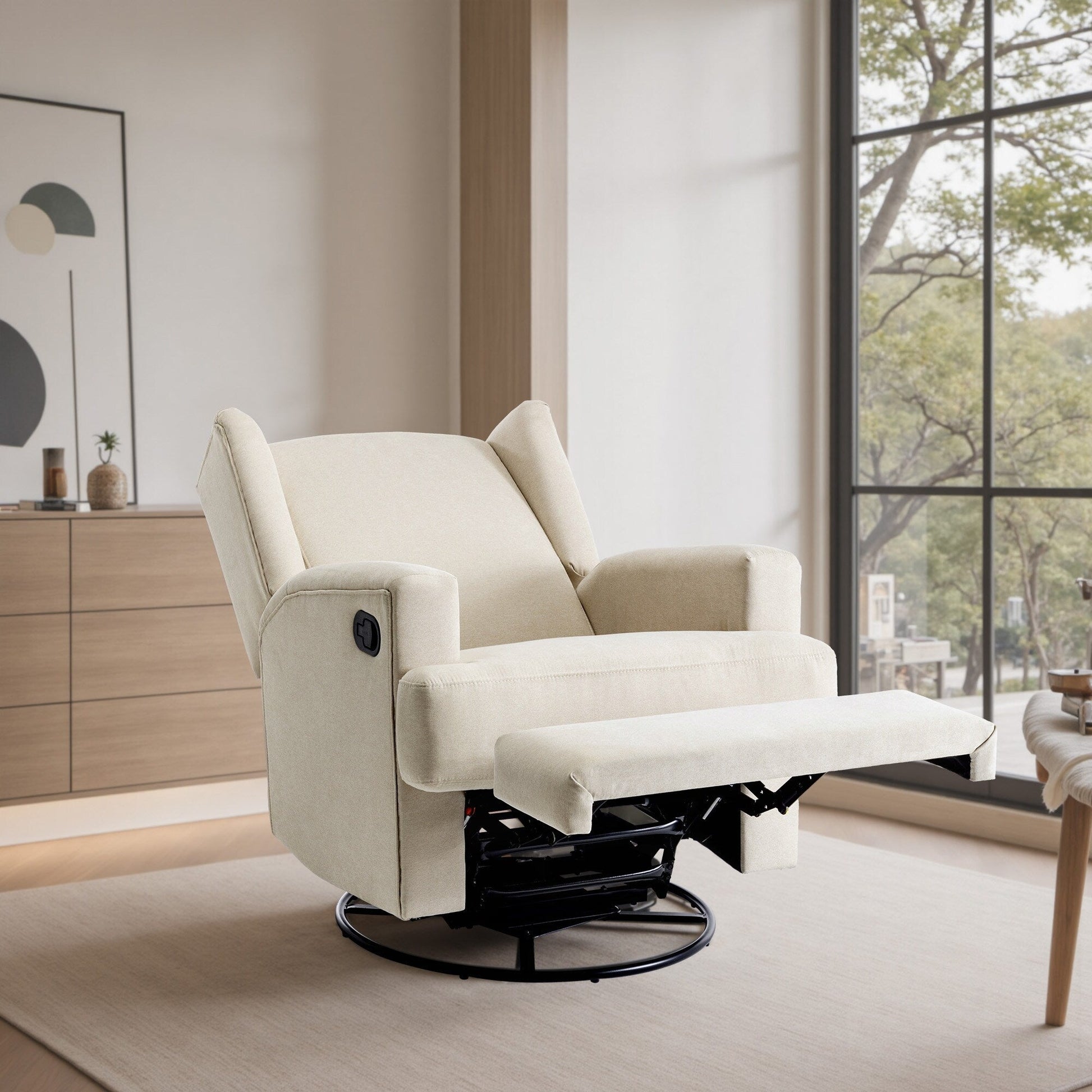 Fauteuil basculant à balancier et à dossier inclinable, avec accoudoirs, à commande manuelle, 78 cm de largeur, pour chambre d'enfant.