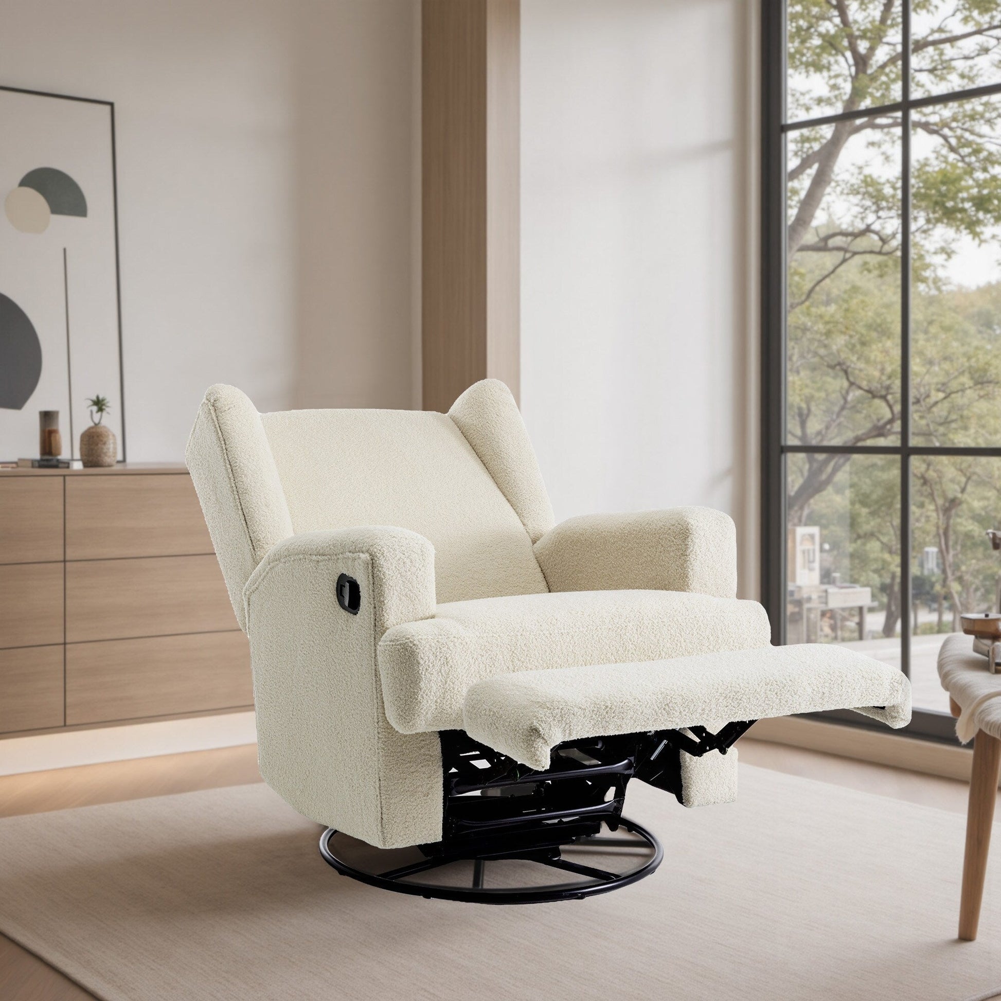 Fauteuil basculant à balancier et à dossier inclinable, avec accoudoirs, à commande manuelle, 78 cm de largeur, pour chambre d'enfant.