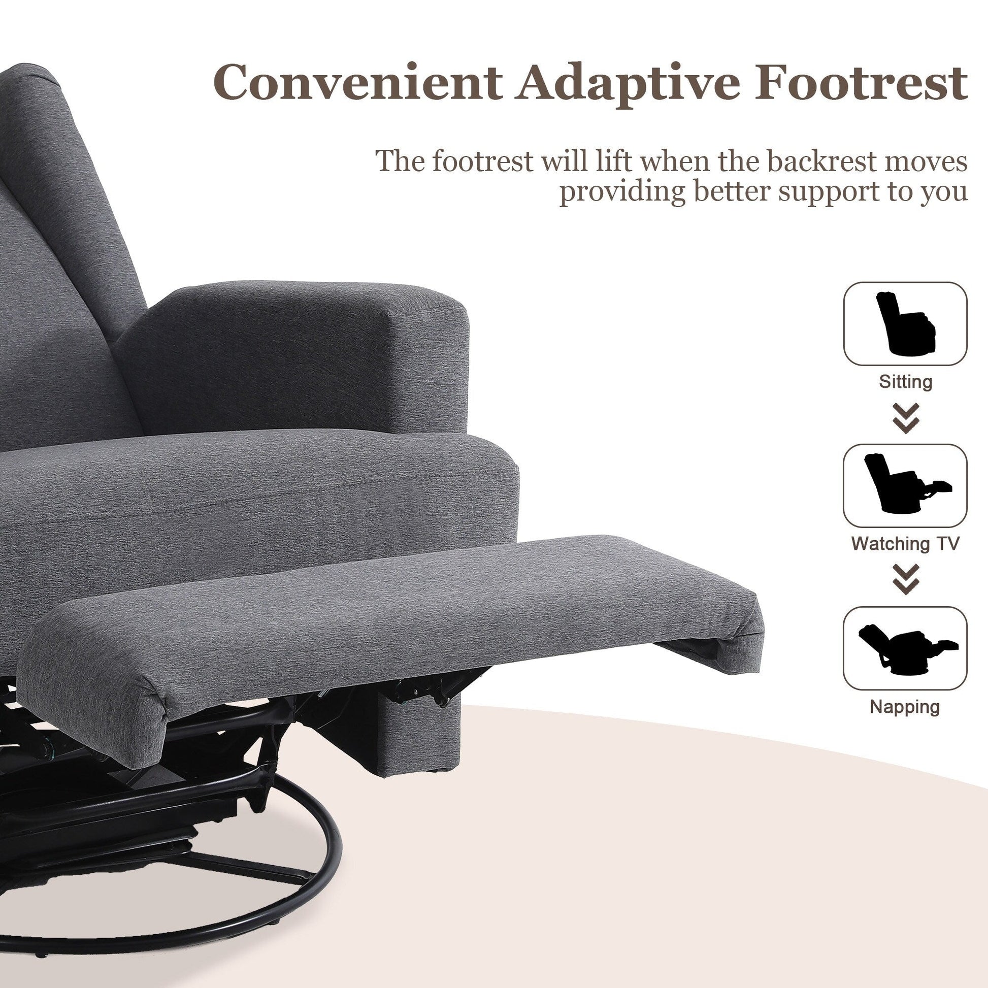 Fauteuil basculant à balancier et à dossier inclinable, avec accoudoirs, à commande manuelle, 78 cm de largeur, pour chambre d'enfant.