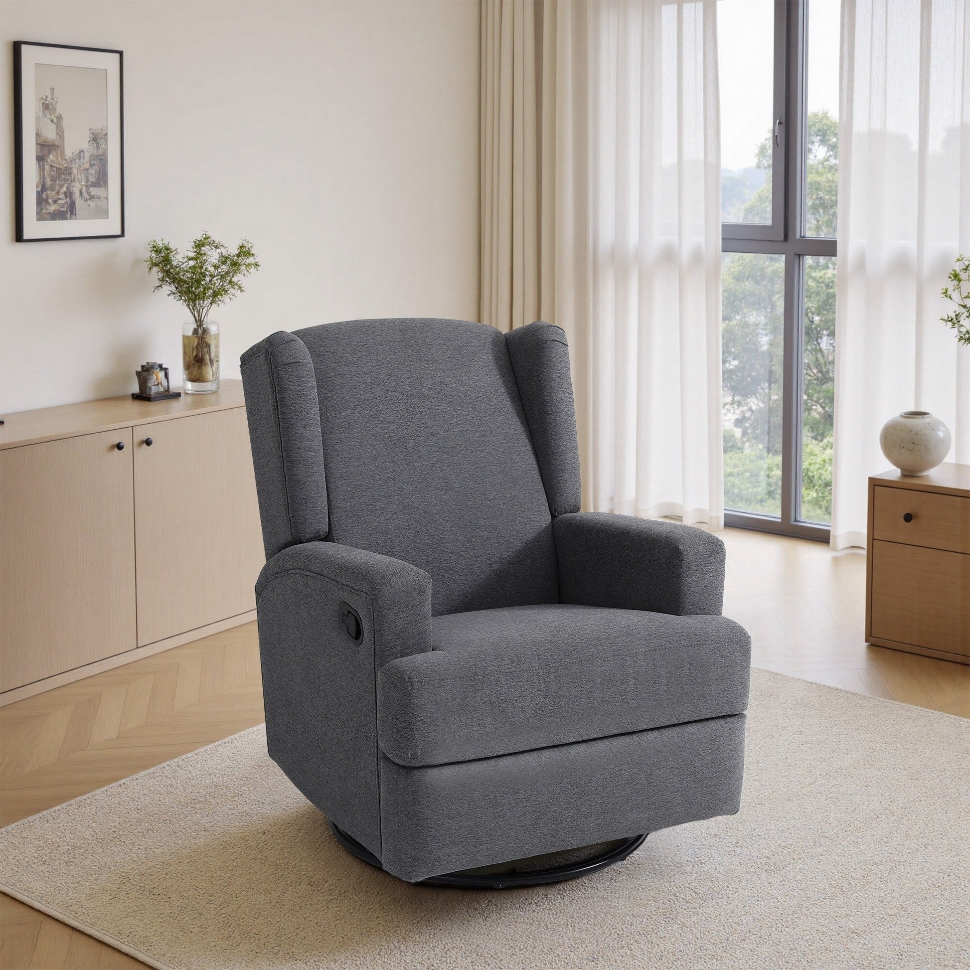Fauteuil basculant à balancier et à dossier inclinable, avec accoudoirs, à commande manuelle, 78 cm de largeur, pour chambre d'enfant.