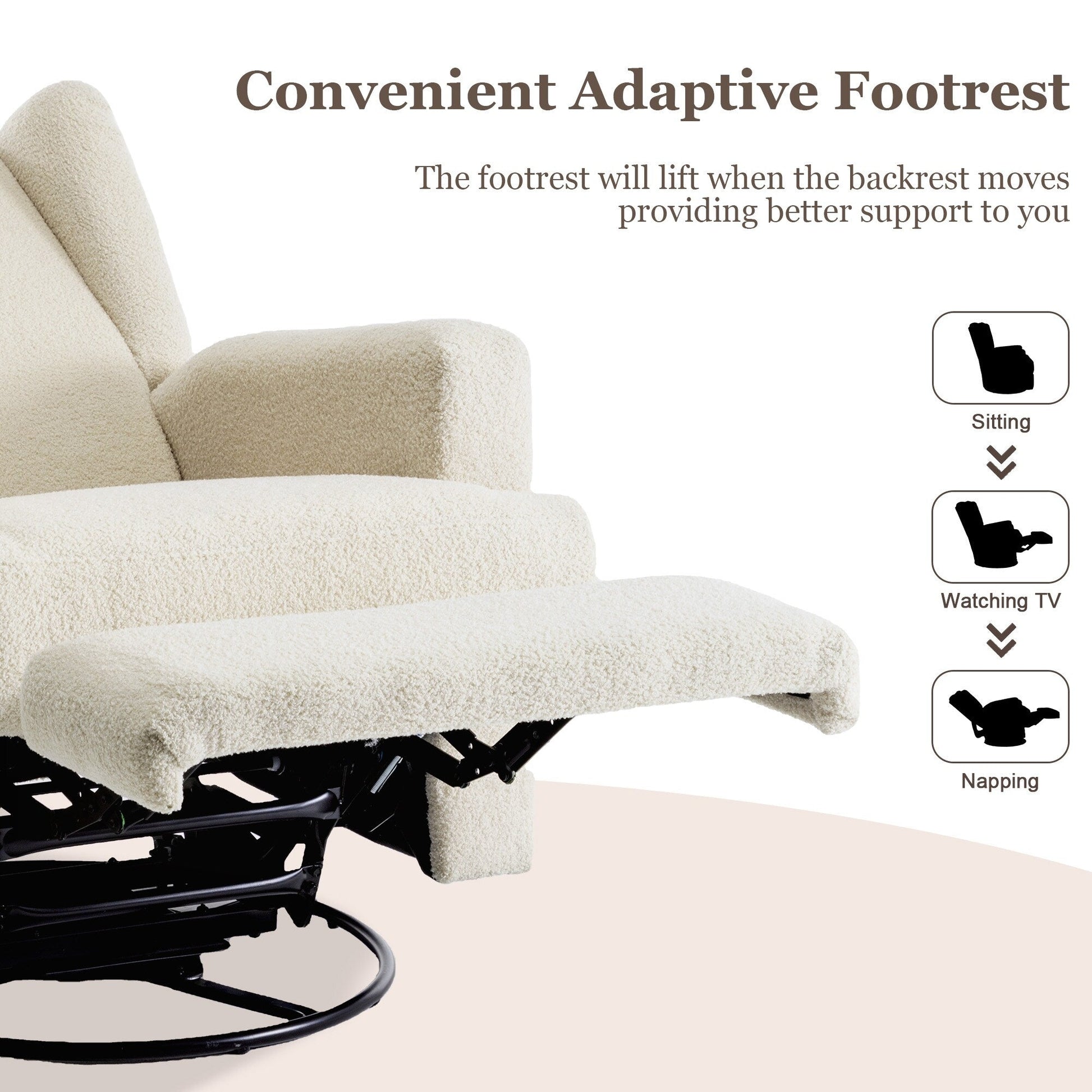 Fauteuil basculant à balancier et à dossier inclinable, avec accoudoirs, à commande manuelle, 78 cm de largeur, pour chambre d'enfant.